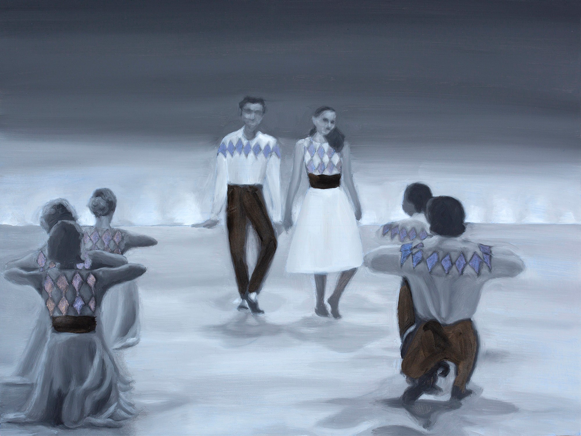 A greyscale painting of two dancers facing us, while other kneeling dancers face away from us.