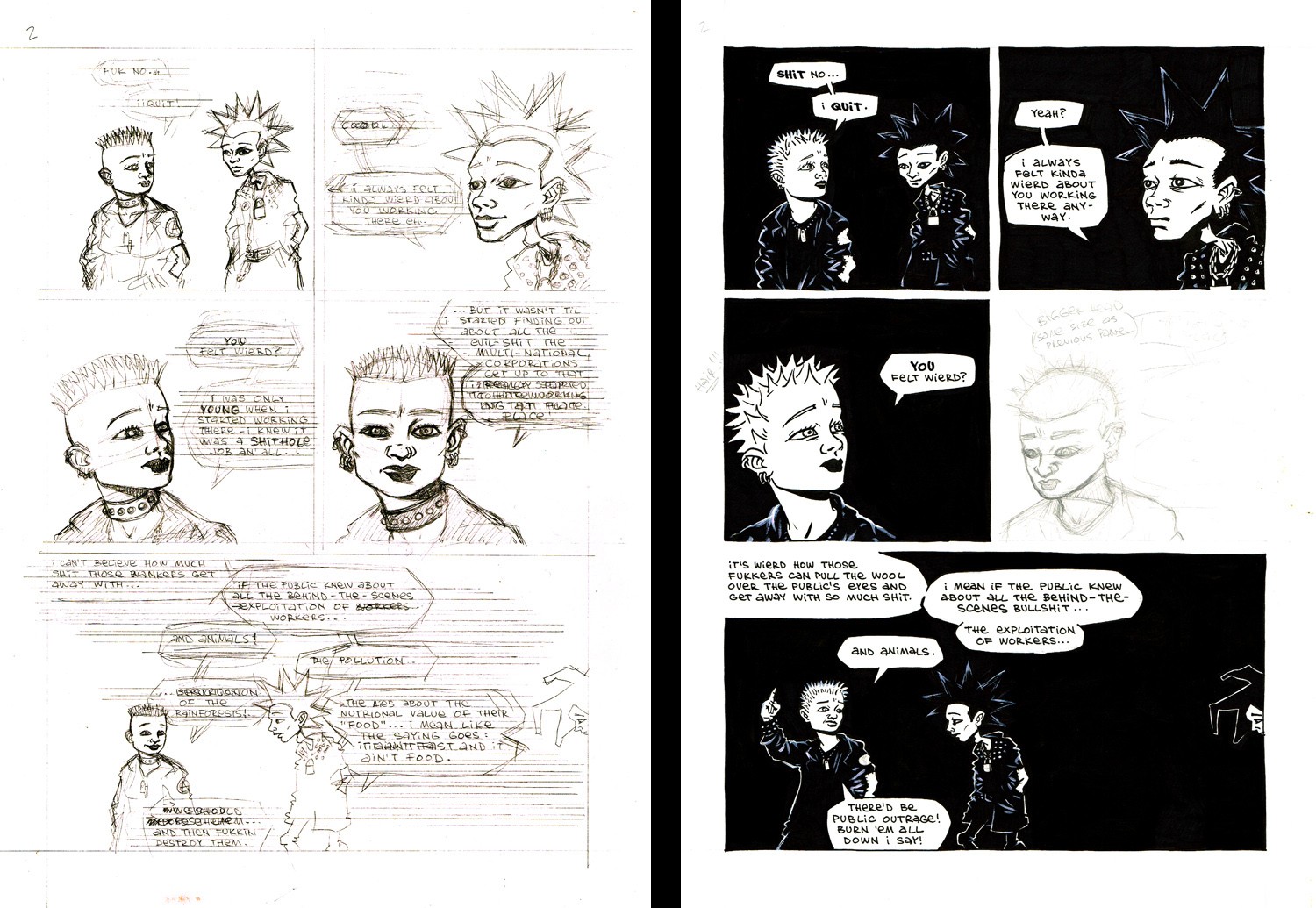 Sketches of comic panels in black and white line art.