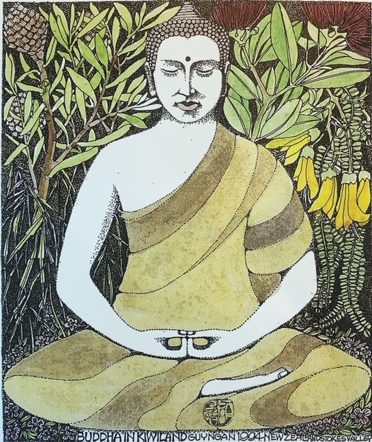 Coloured drawing of Buddha seated in lotus position in front of kōwhai plants