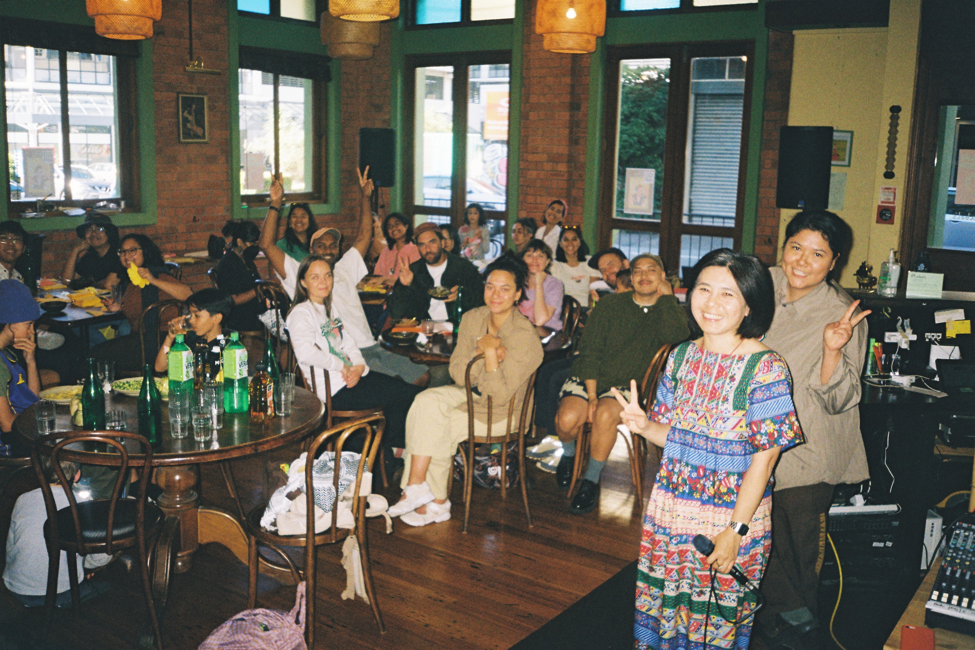 Group photo of people inside Mabel's restaurant.