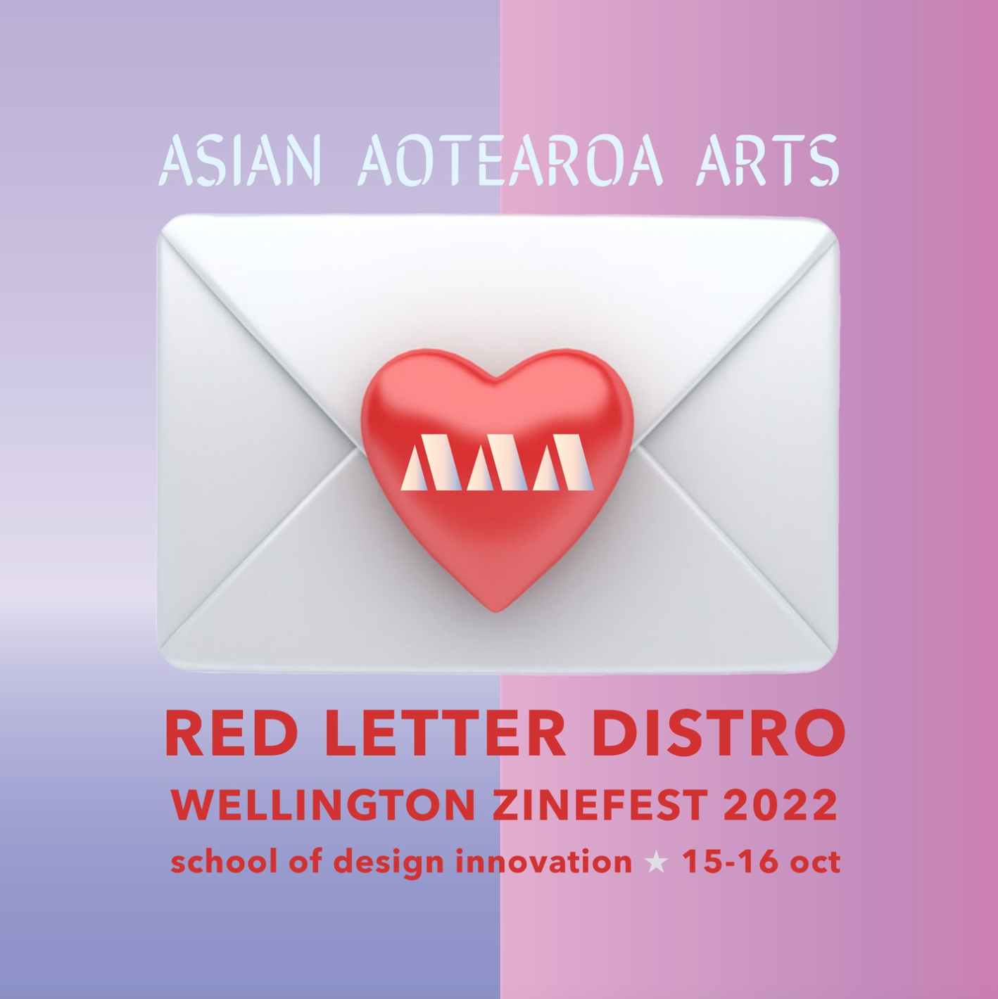 An emoji envelope on a purple and pink background with text announcing Red Letter Distro at Wellington Zinefest 2022