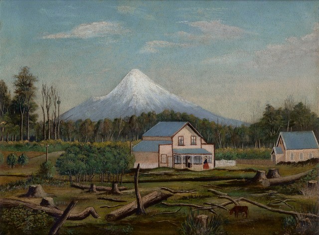 The peak of Taranaki rises in the background. In the foreground are felled logs and a colonial homestead.