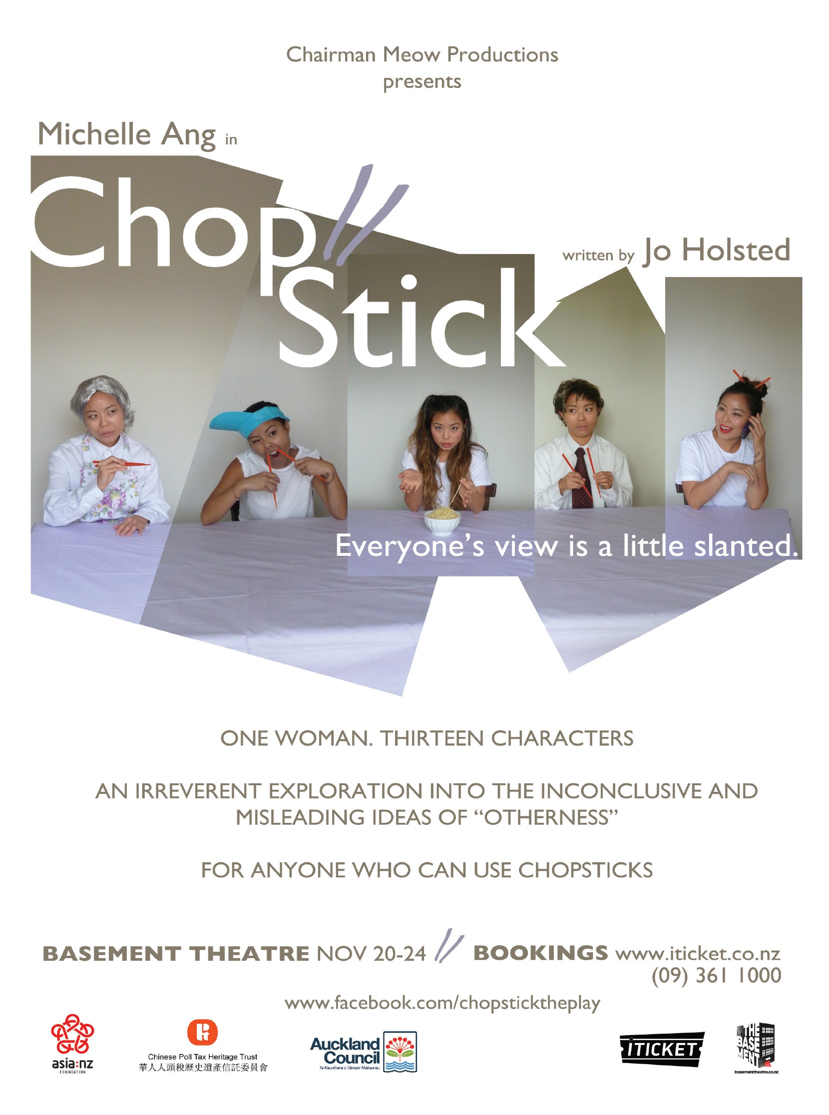 Programme cover for ‘Chop/Stick’ shows Michelle Ang portraying five characters with chopsticks, promoting a solo play about cultural identity and “otherness.” 