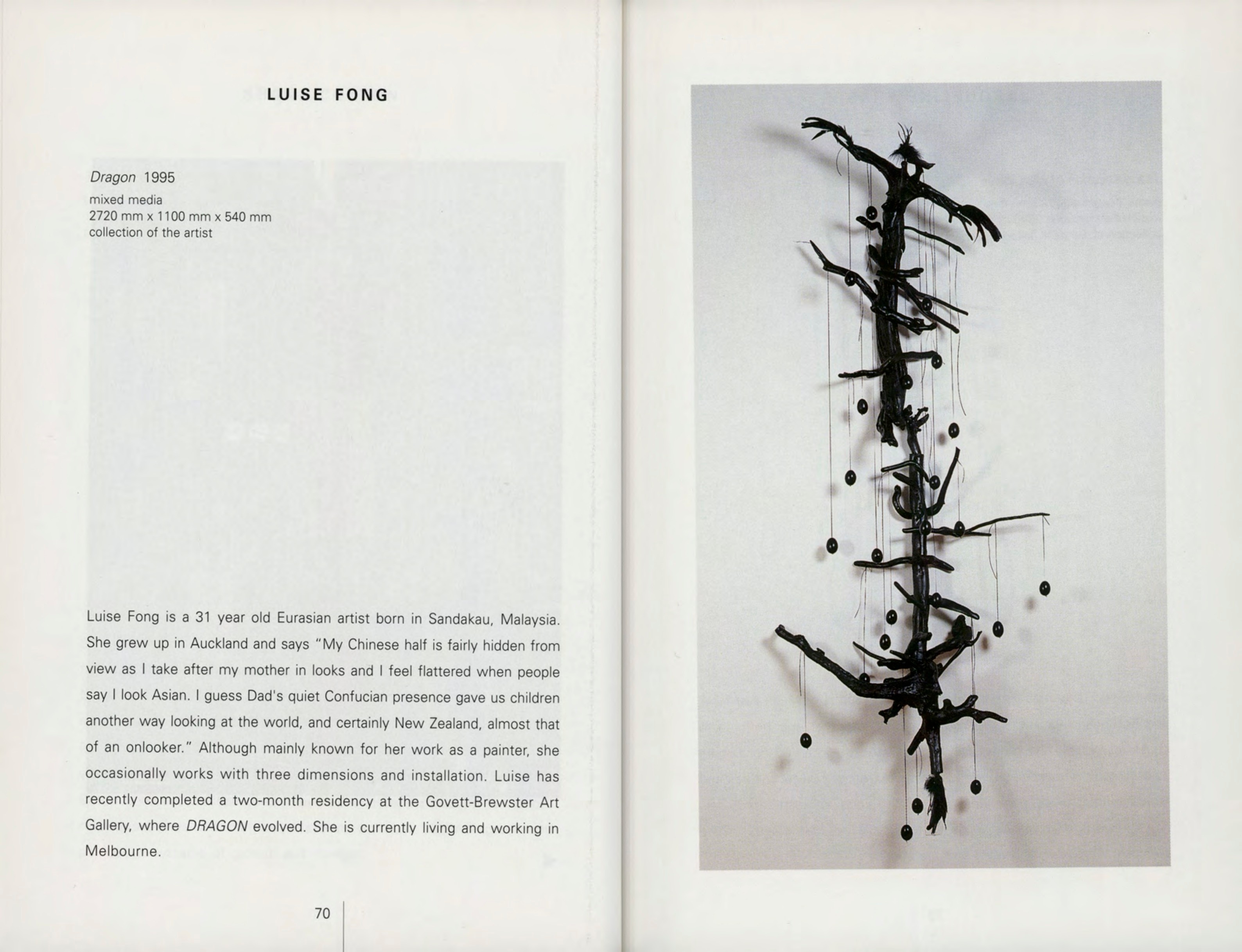 Scan of a double page spread with an artist bio on the left page and a photograph of artwork on the right.