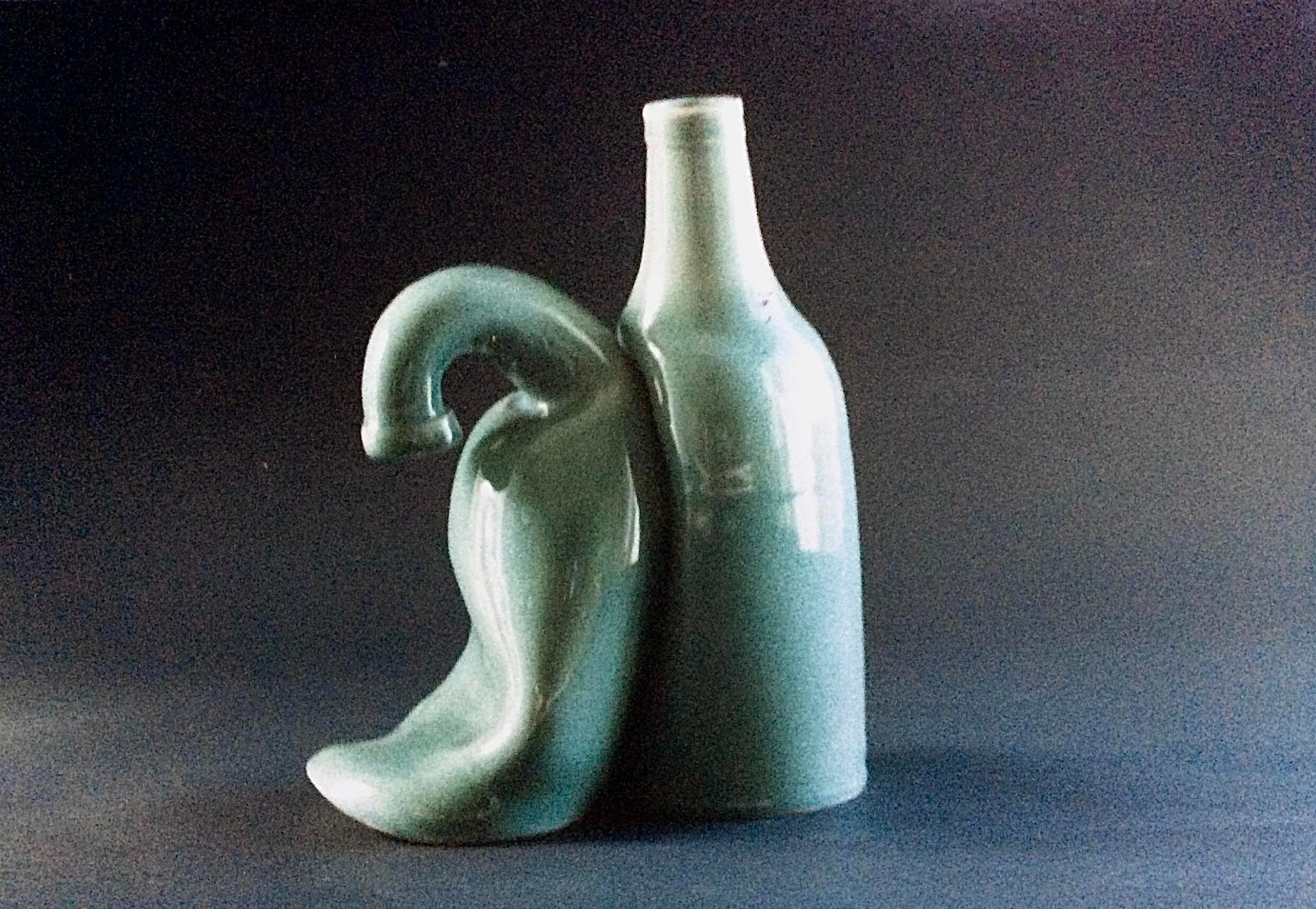 Two ceramic bottles leaning on each other, with one slightly crumpled.