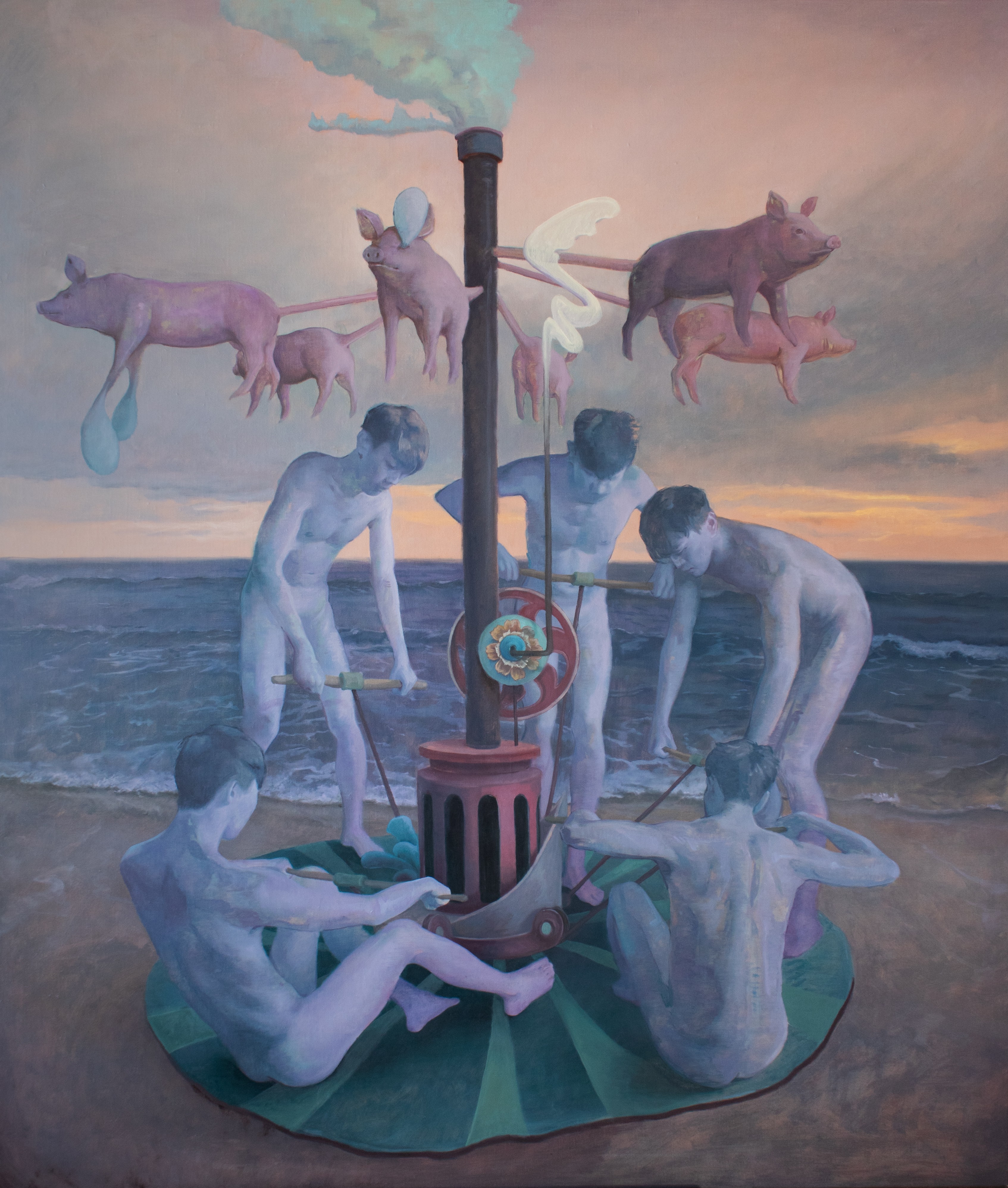 A painting of several nude blue male figures on a beach working a carousel-like machine with pigs attached to it.