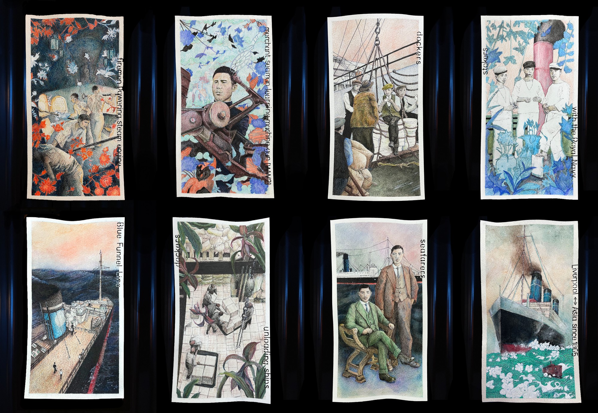 Eight cigarette card-style paintings on a black background, each depicting Chinese figures engaged in seafaring.