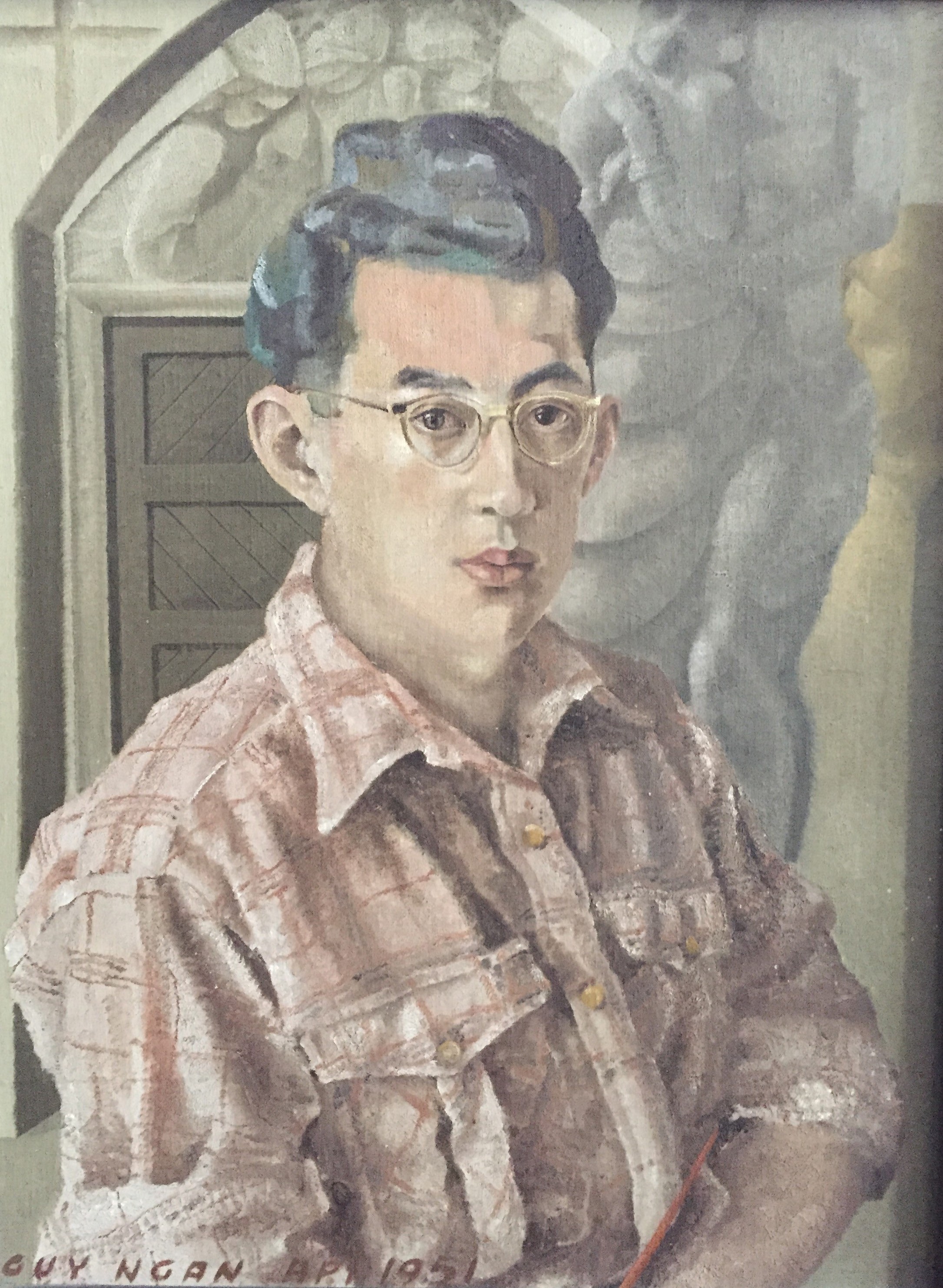 Painting of a young, dark-haired man in glasses in front of a doorway and carved Classical sculpture