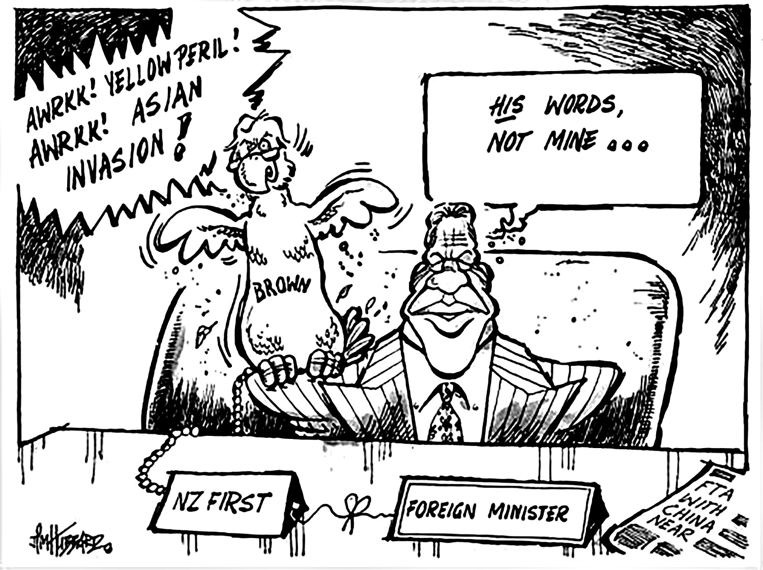 Cartoon of Winston Peters with a bird, pretending the bird is saying things about an 'Asian invasion'.