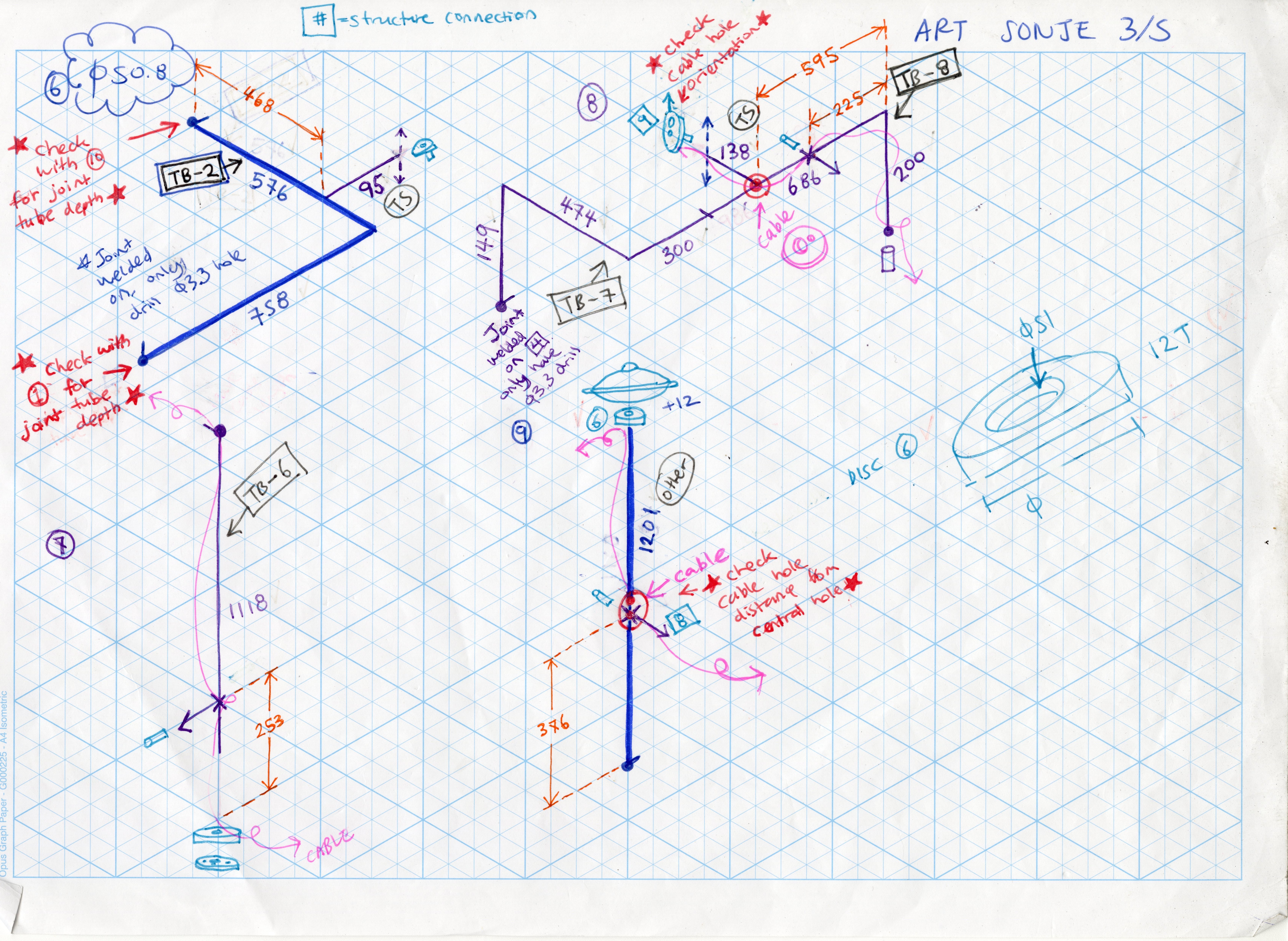 A sheet of isometric grid paper with drawings and measurements in different coloured pens, planning for the fabrication of a sculpture