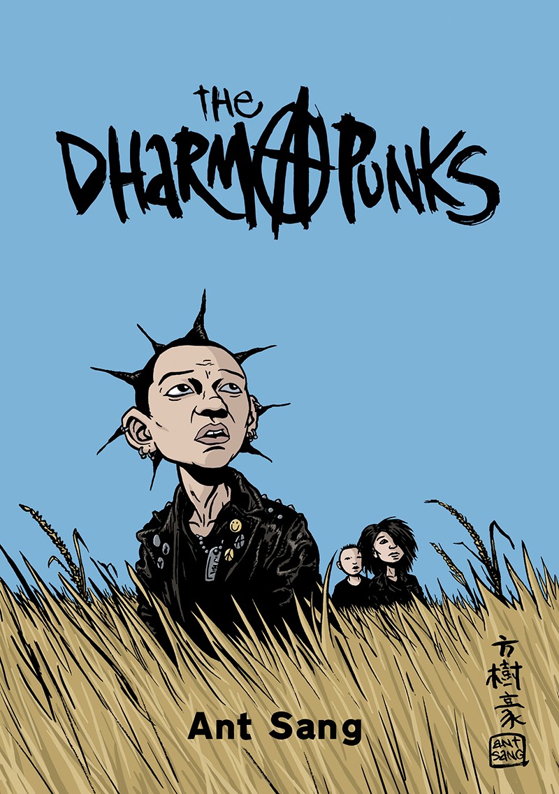 Colour illustrations of punk characters in a field of grass with a blue sky behind them. The title is hand written in calligraphy style text.