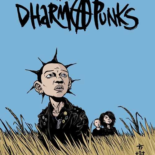 Colour illustrations of punk characters in a field of grass with a blue sky behind them. The title is hand written in calligraphy style text.