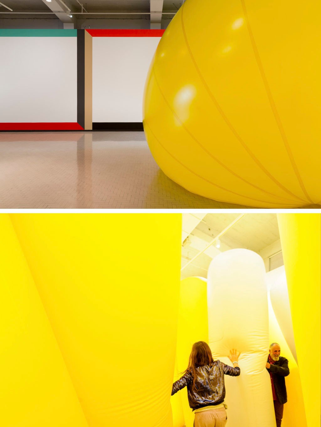 Bright yellow inflatable shapes fill an art gallery from floor to ceiling while visitors move through them.