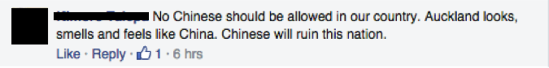 Screenshot of a racist anti-Asian Facebook comment with the name redacted. 