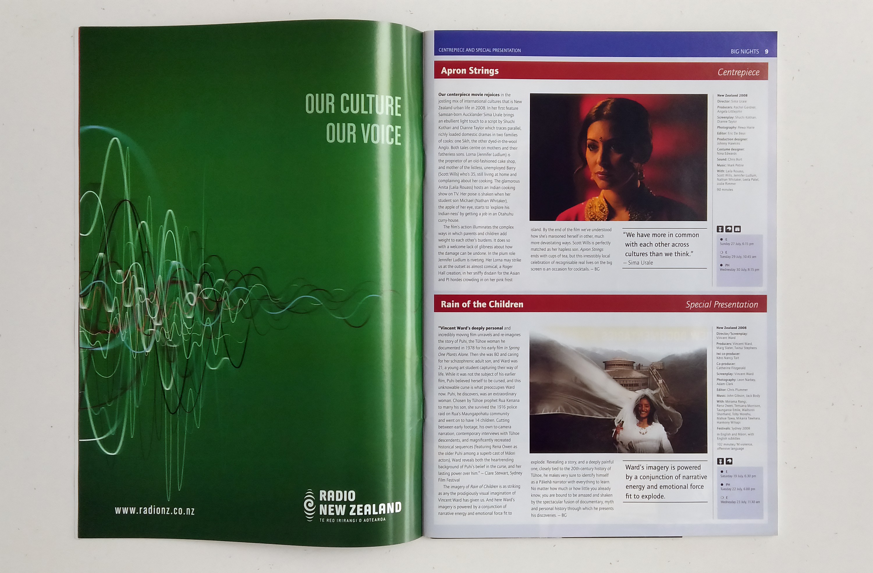 A catalogue for the New Zealand International Film Festival, open at pages 9–10, advertising the films “Apron Strings” and “Rain of the Children”.