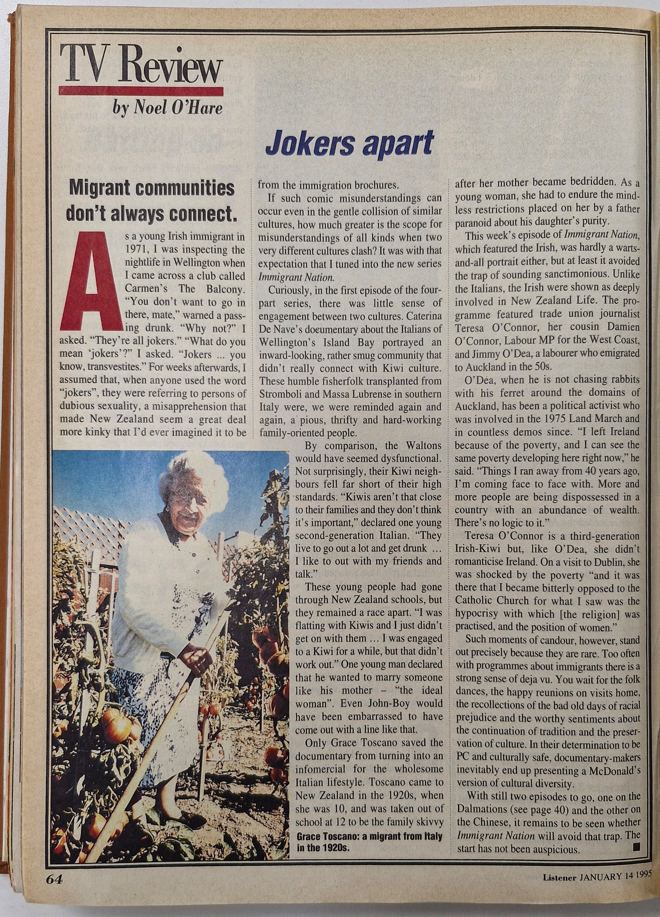 Magazine clipping with a TV review and article titled ‘Jokers apart,’ featuring a color photo of an older woman in a white dress and hat standing outdoors beside a garden.