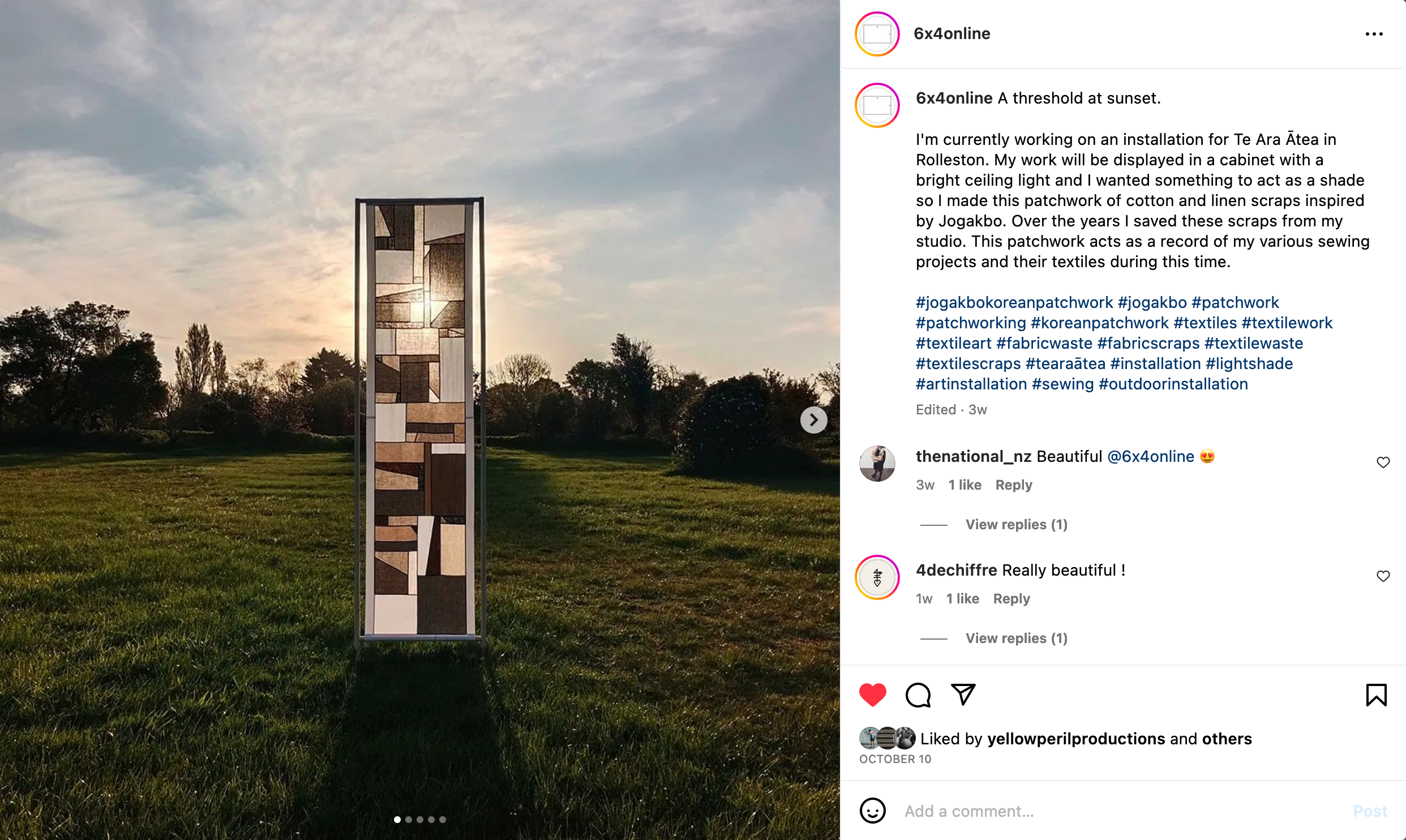 Screenshot of an Instagram post showing a Korean patchwork in a field at sunset, with the light shining through