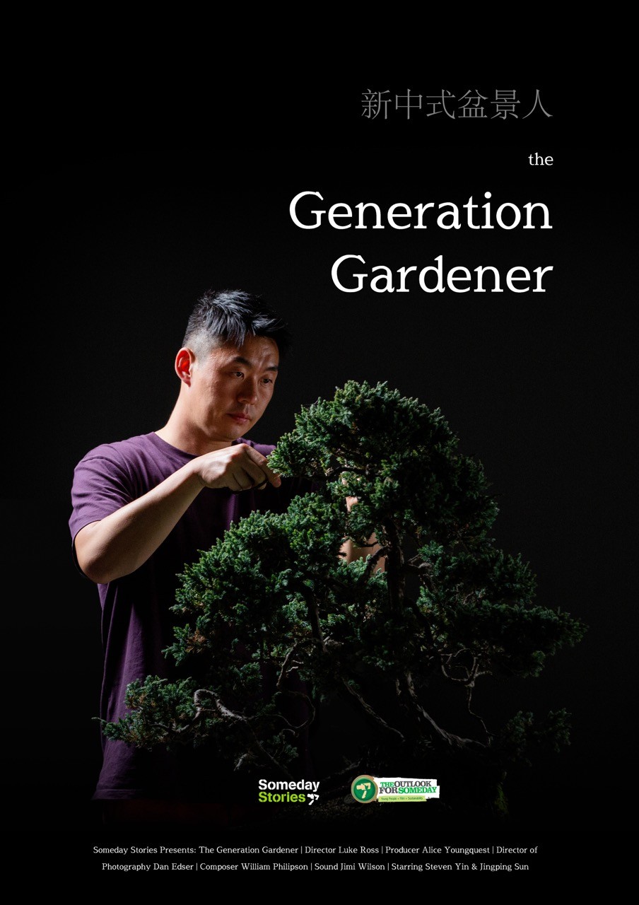 A movie poster showing a man tending to a bonsai tree