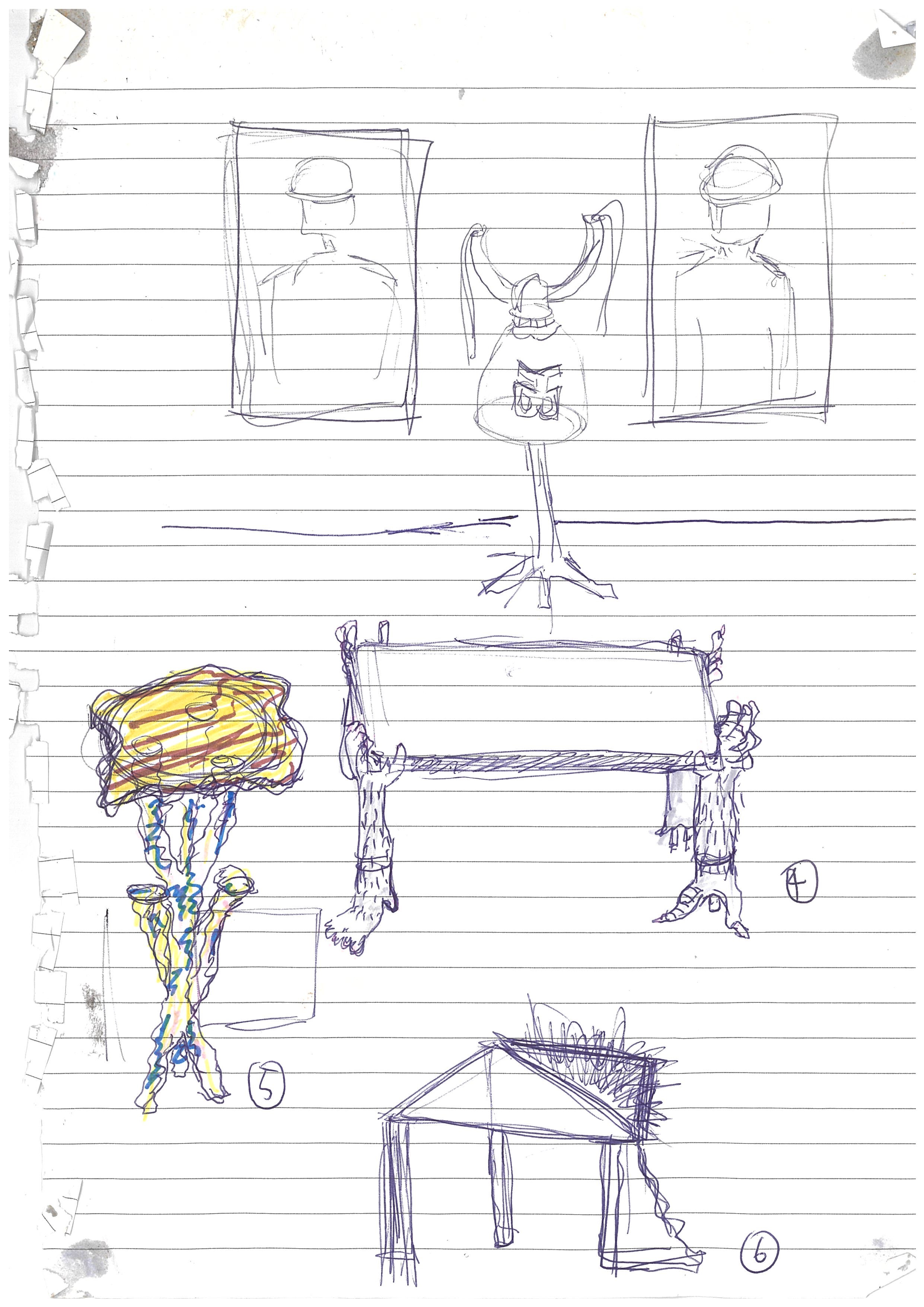 sketch of a table with two photos on the wall