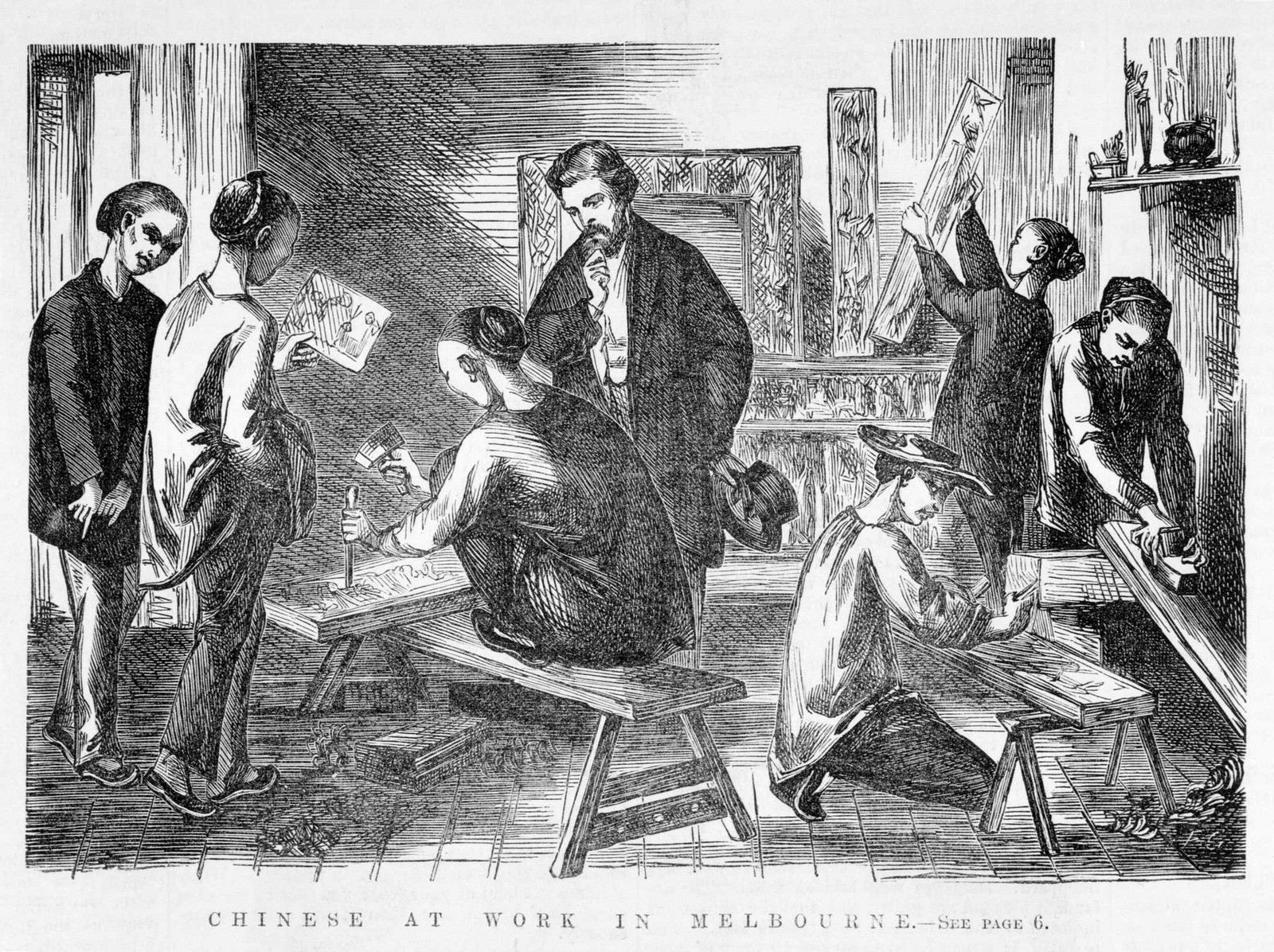 Engraving of Chinese men engaged in carving decorative panels while a European man looks on
