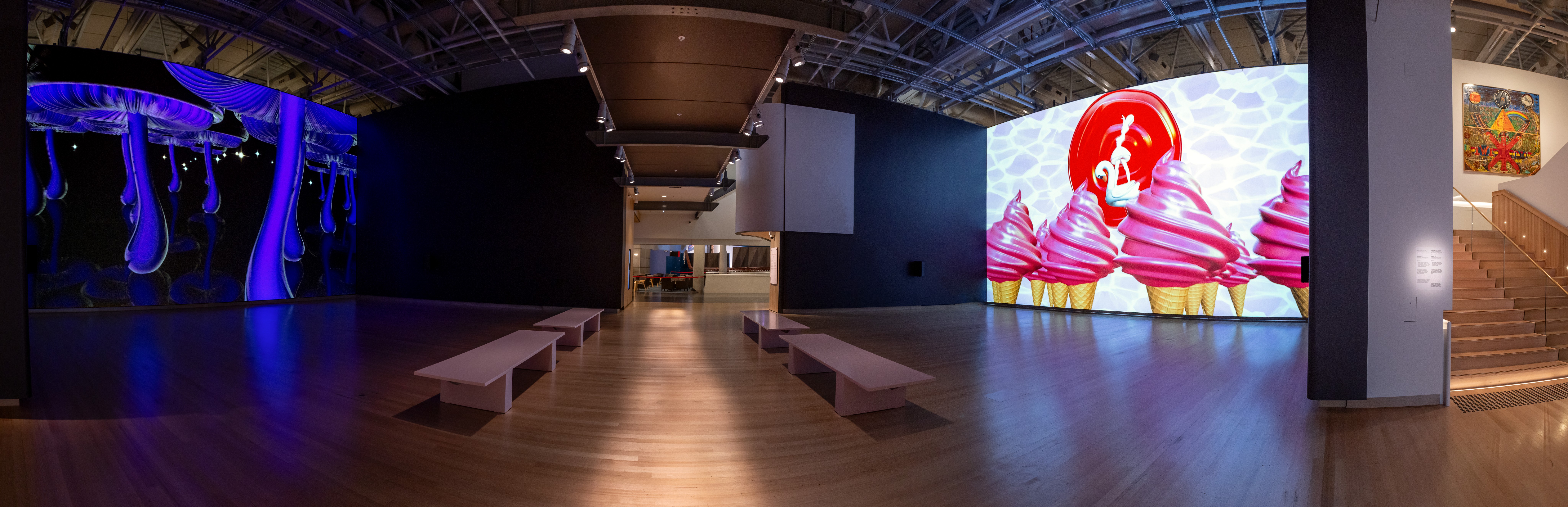 A floor-to-ceiling projection of an animated video work in Te Papa galleries.