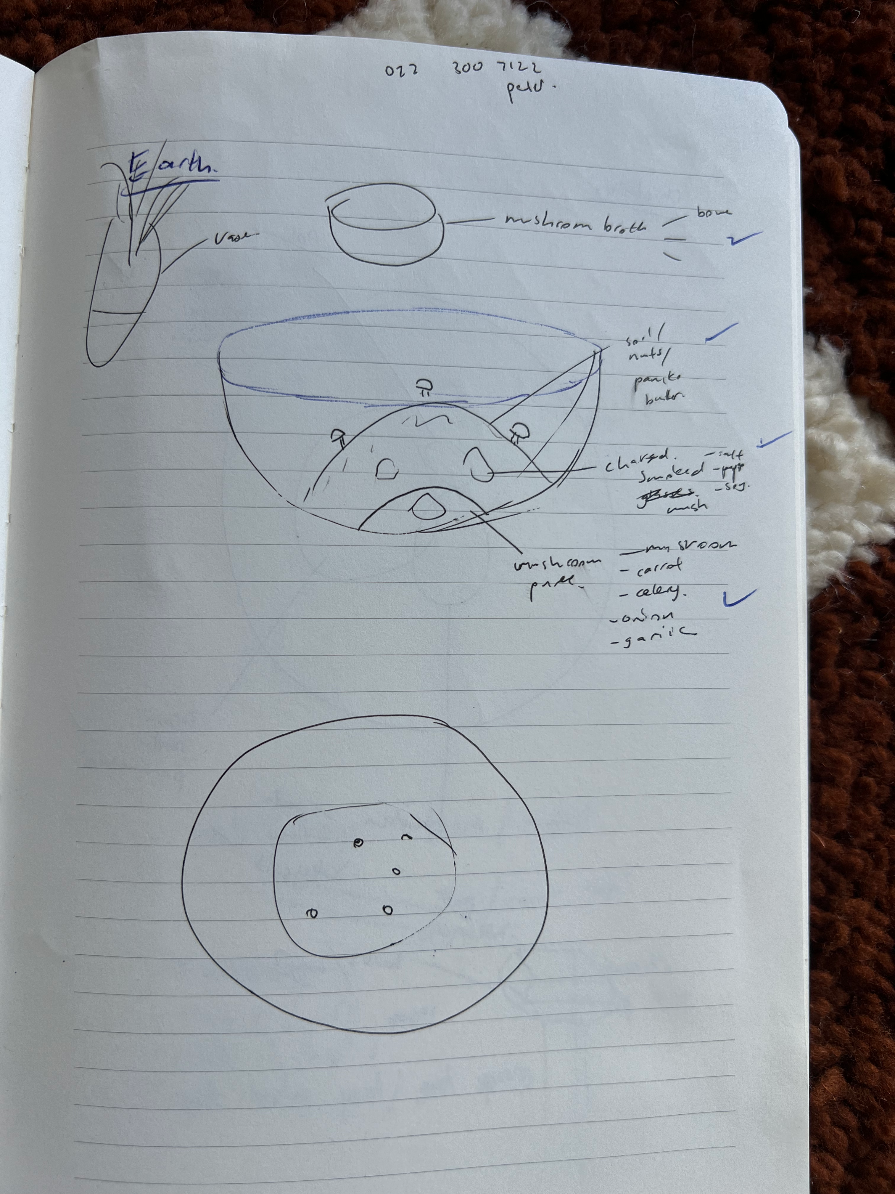 A rough drawing of a bowl with a mound of ingredients and little mushrooms growing out of it