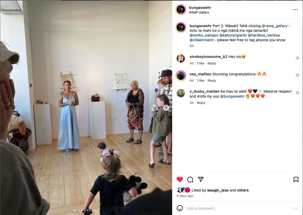An Instagram post showing a photo of an exhibition with artworks on plinths and a small crowd gathered to hear Emiko Sheehan speak