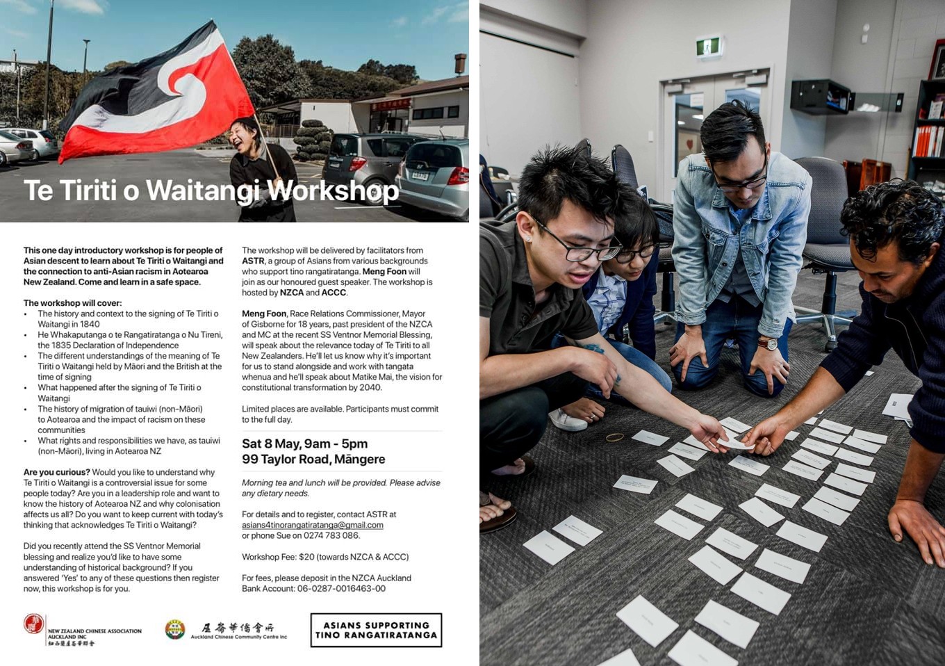 A flyer with information about an upcoming Te Tiriti workshop and a photo of Asian people engaged in a group activity with cards at a workshop.