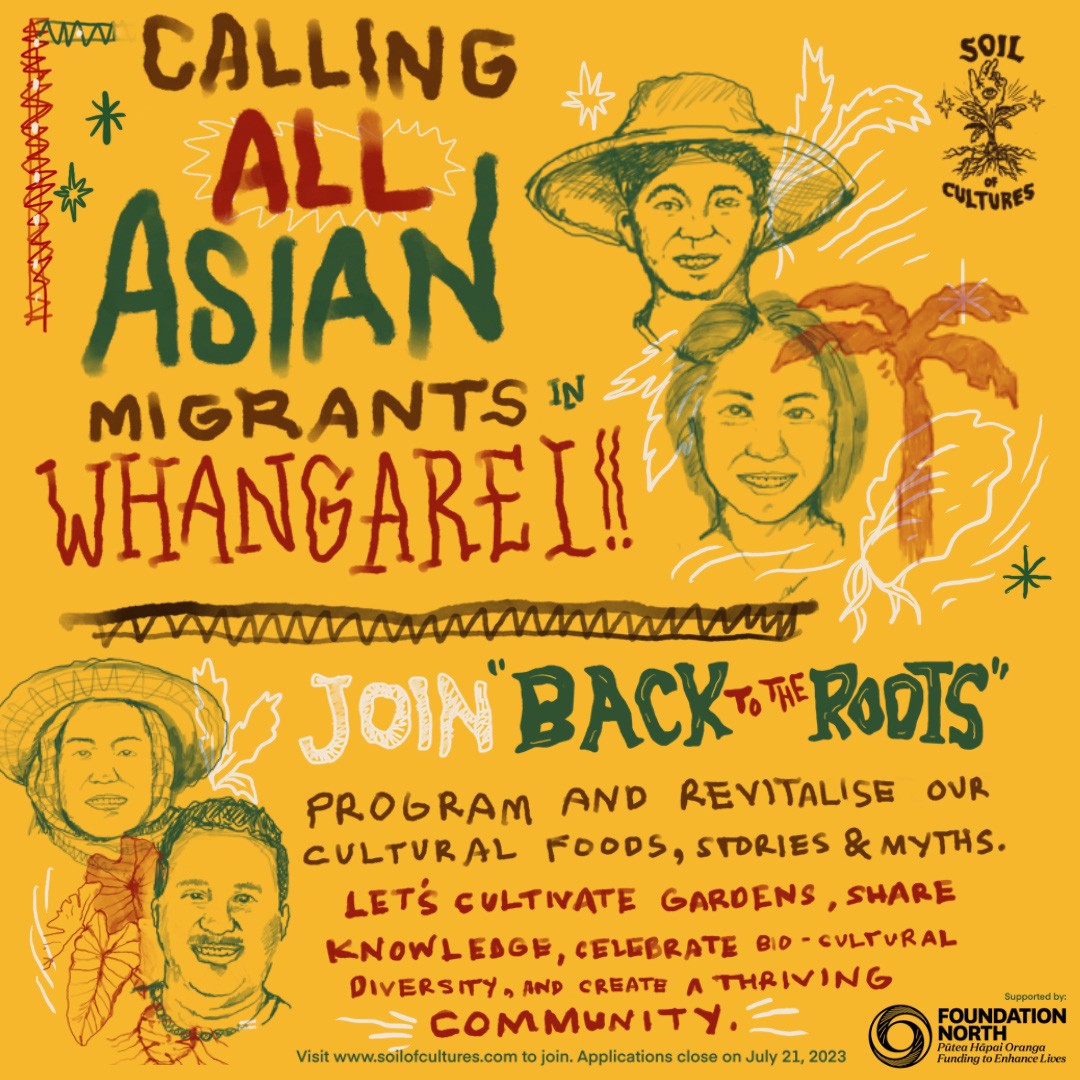 A mustard coloured poster featuring illustrations of four people with the headline 'Calling all Asian migrants in Whangārei! Join Back to the Roots'