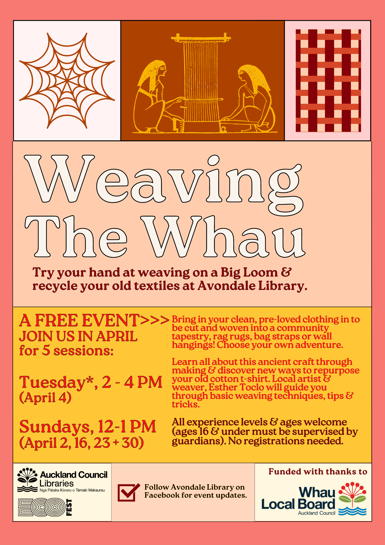 A poster design that says 'Weaving The Whau' in big letters