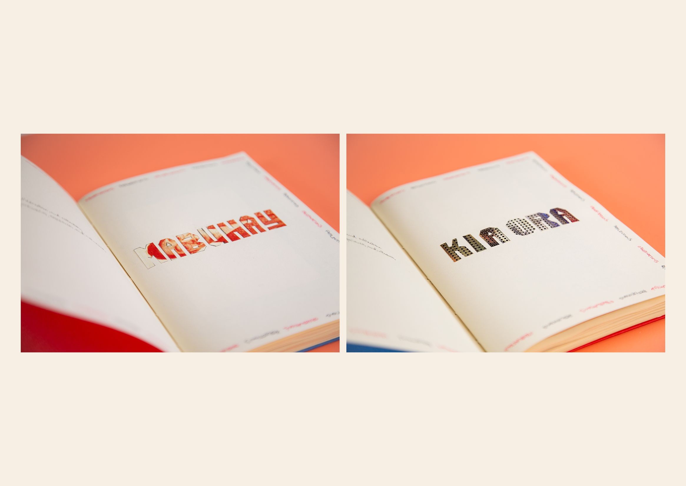 Two side-by-side images of an open zine – the left photo says 'Mabuhay' the right one 'Kia Ora' - both words mean 'hello' in Tagalog and Te Reo Māori respectively