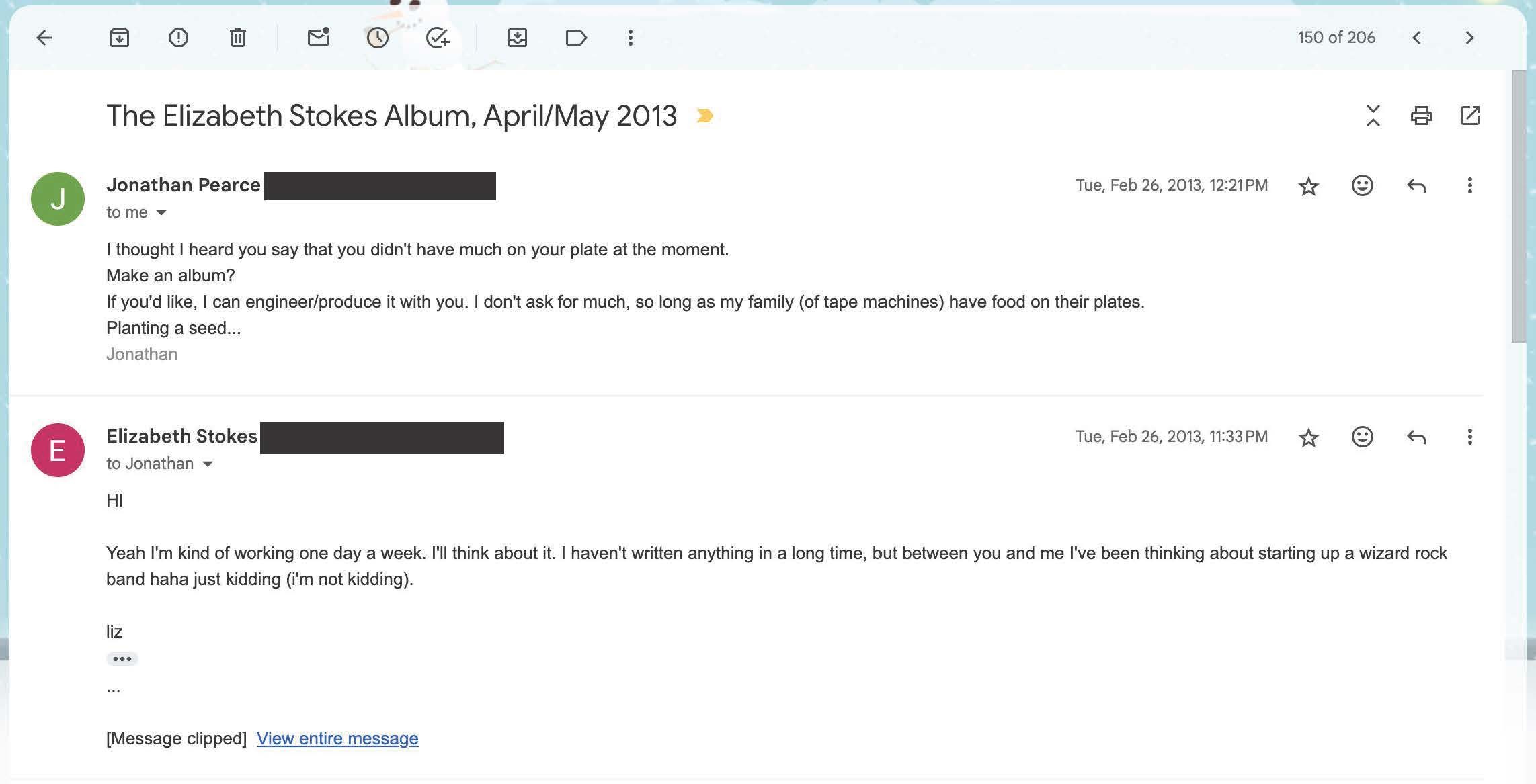 An email in which Jonathan Pearce asks Liz to write an album