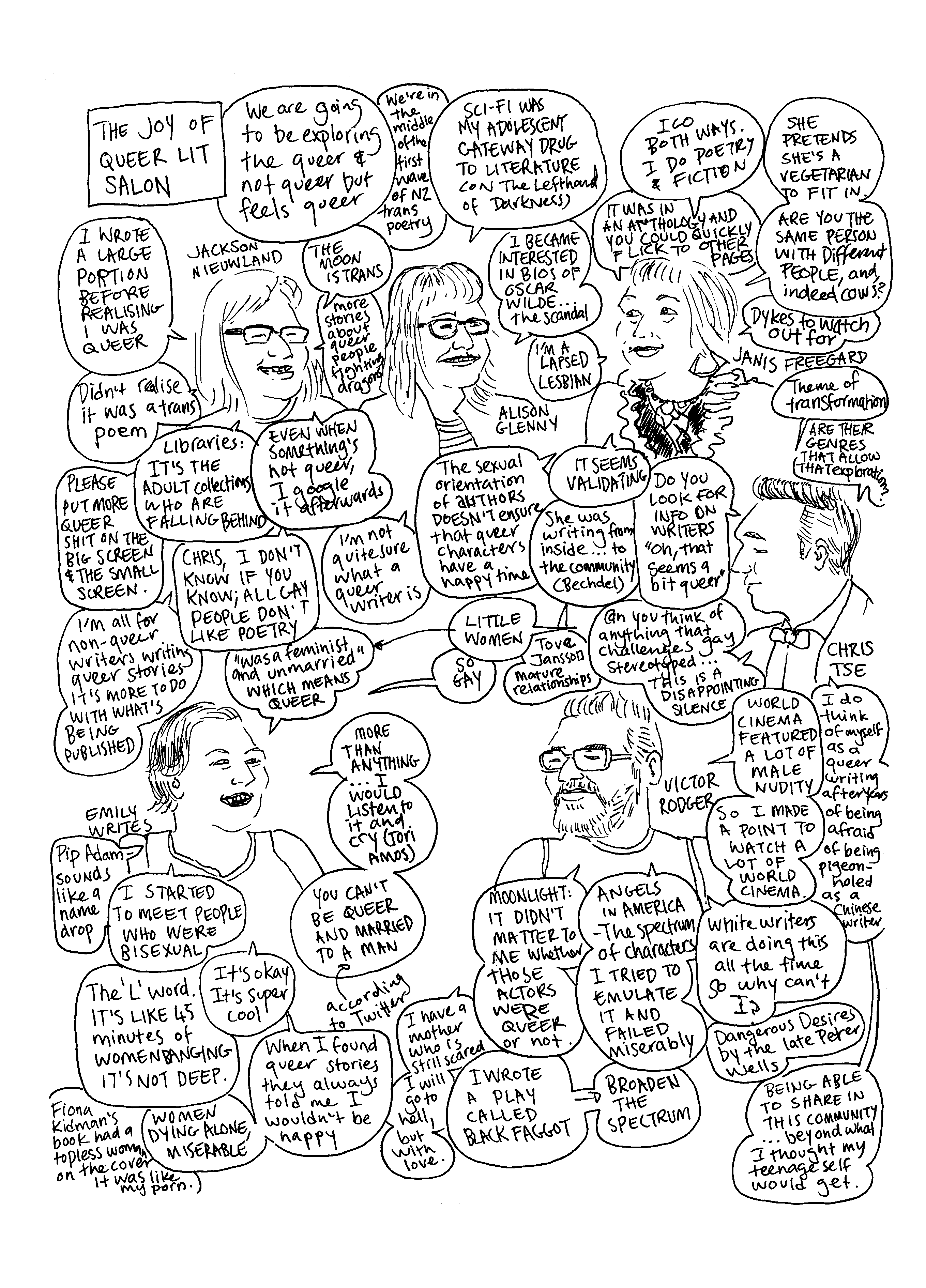 Cartoon heads with quotes from the talk