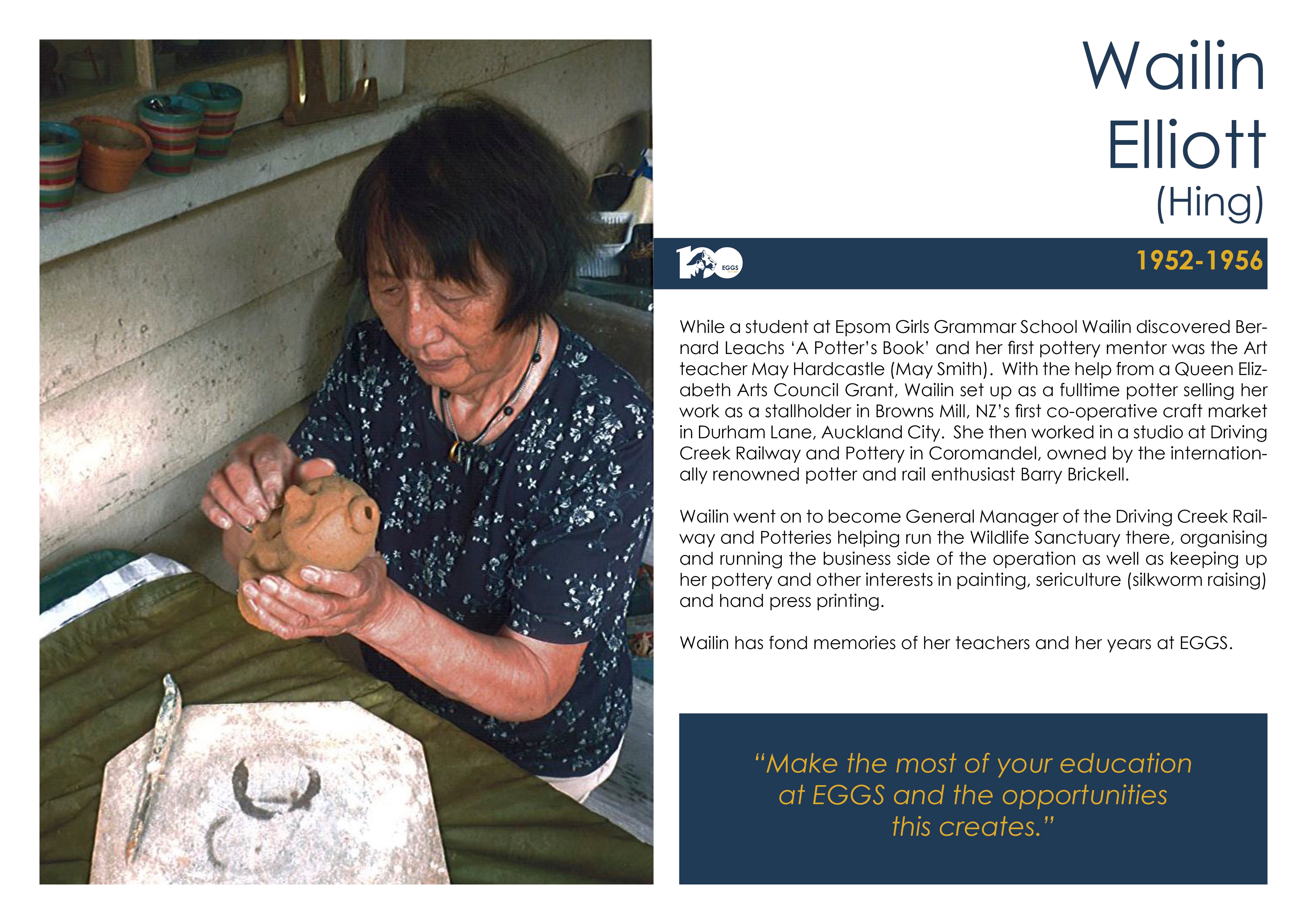 Short text about Wailin Elliott next to a photo of her sculpting a clay figurine.