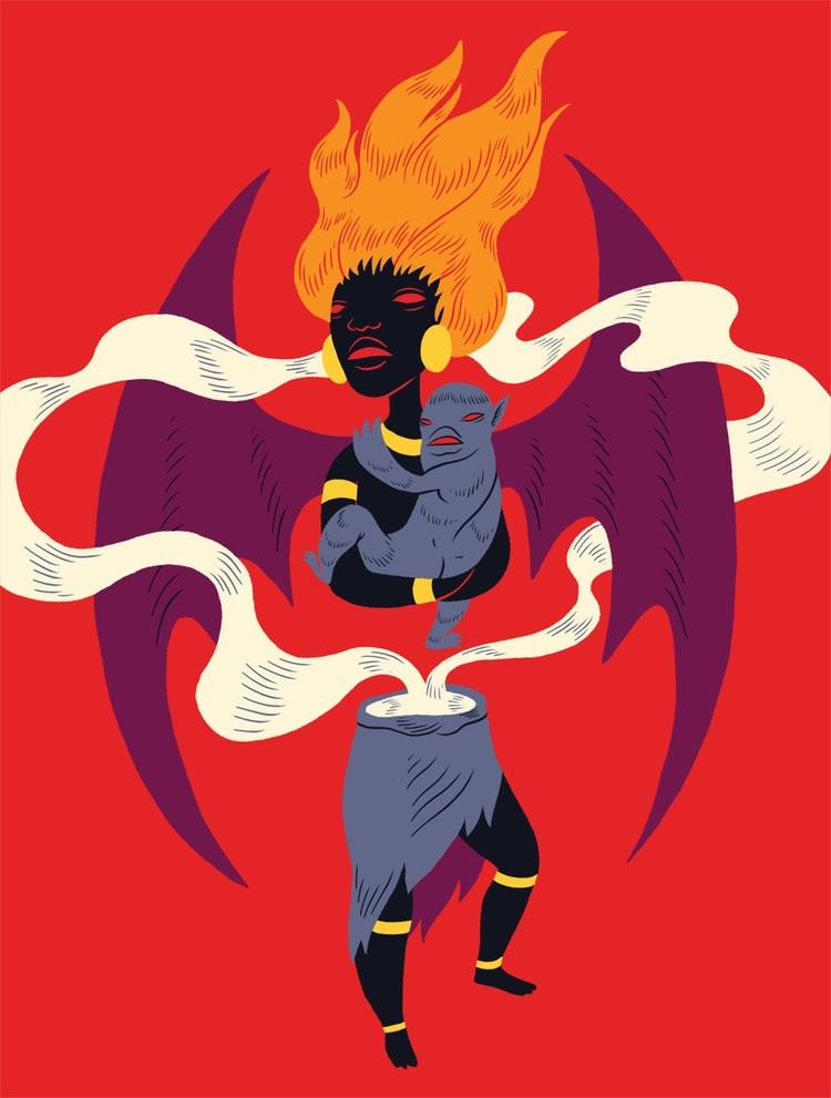 illustration of a figure with bat wings and flaming orange hair