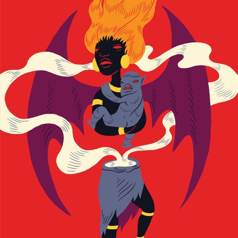 illustration of a figure with bat wings and flaming orange hair