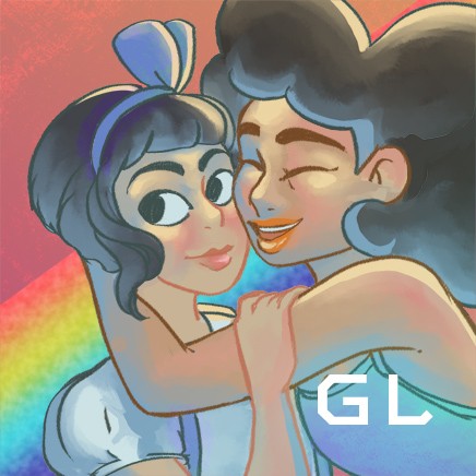 A colourful drawing of two people embracing in front of a rainbow background. 