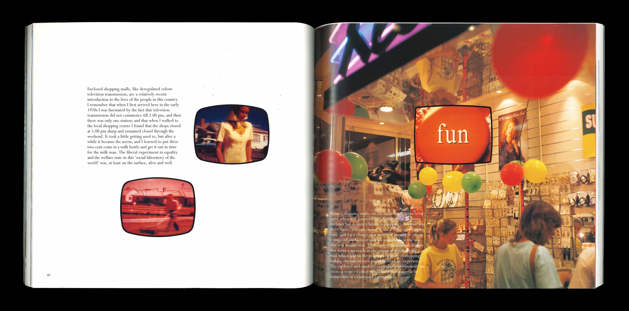 Colour photograph of shopping mall along sith small images of colour television, laid out with text across a double-page spread.
