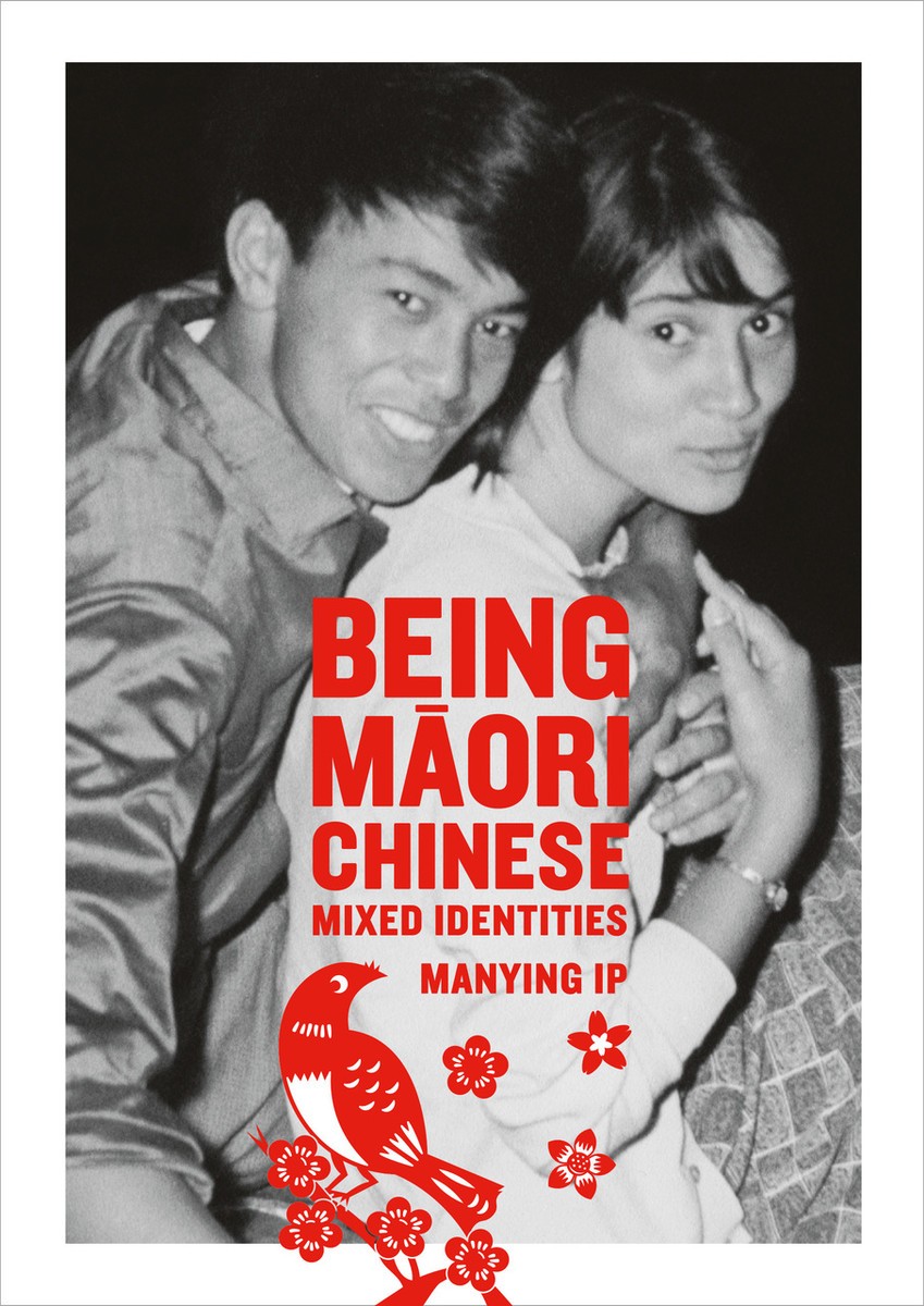 Book cover with a black and white photo of a Māori-Chinese couple with the book title in red.