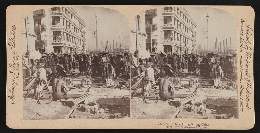 Two identical photographs side-by-side showing Chinese labourers in work clothes gathering on a street.
