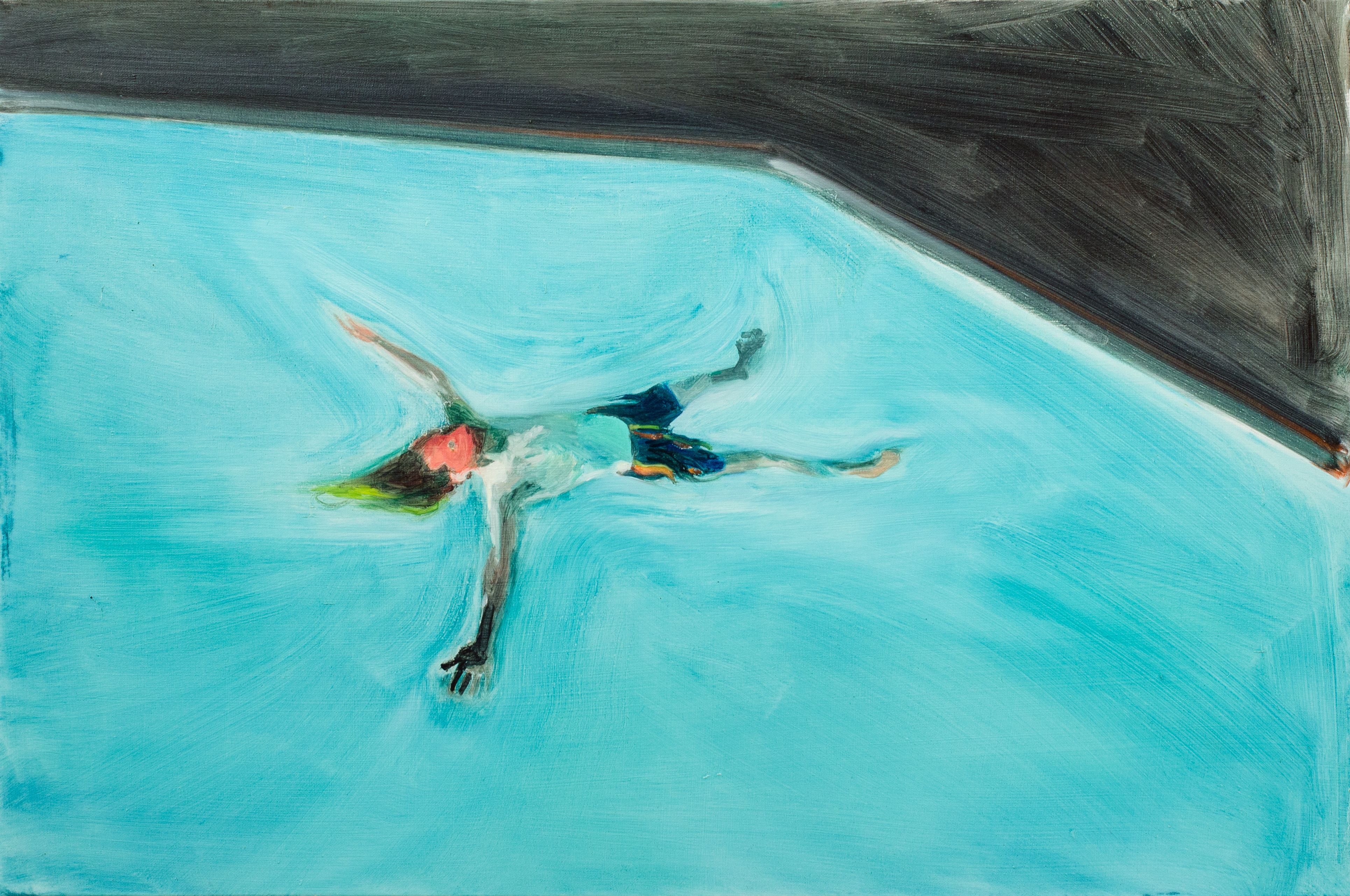 A figure lies on their back in a swimming pool, with their arms, legs and hair spread out like a starfish.