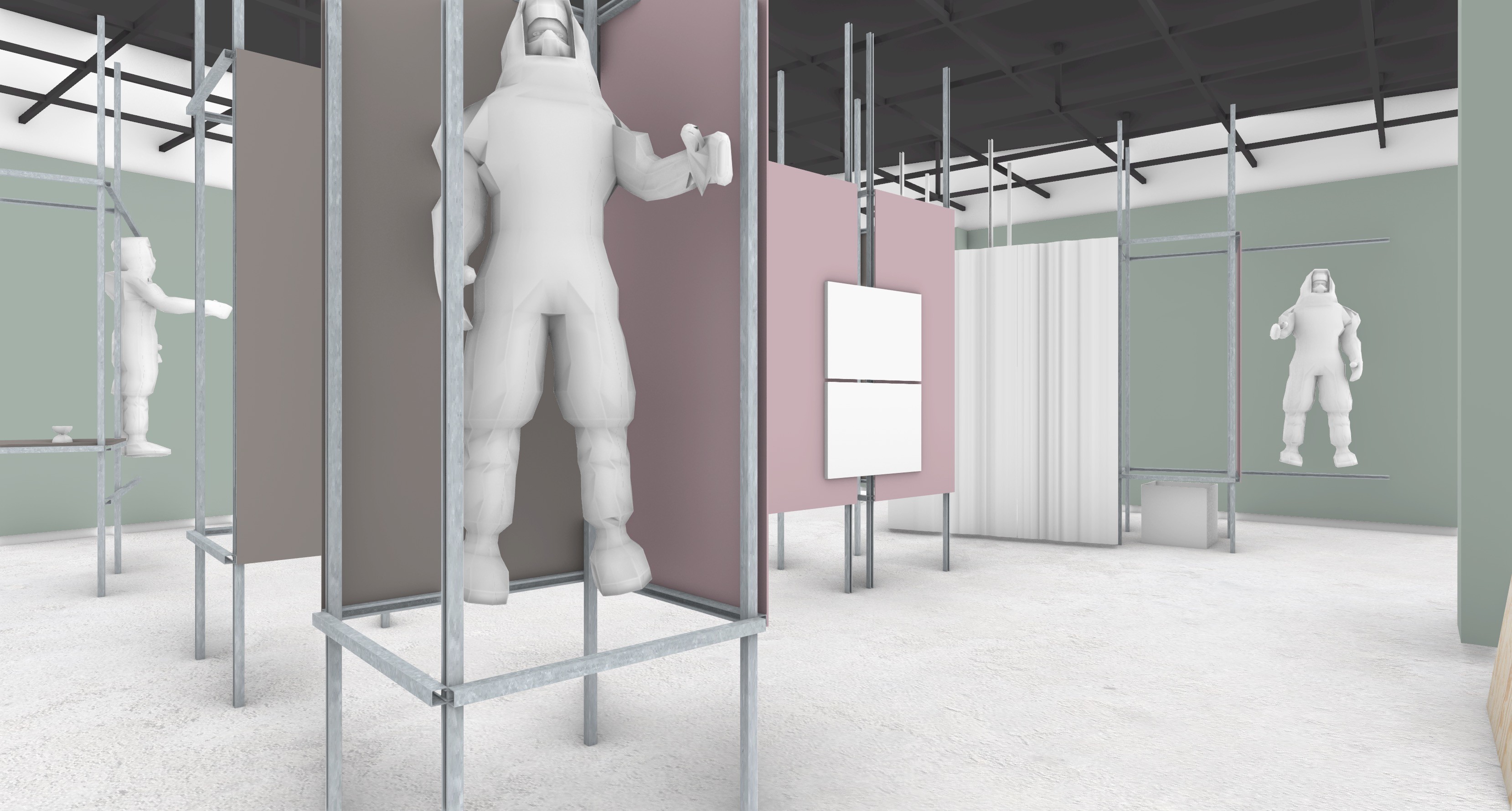 Digital mockup of an exhibition installation with metal framing and pastel coloured walls around figures.