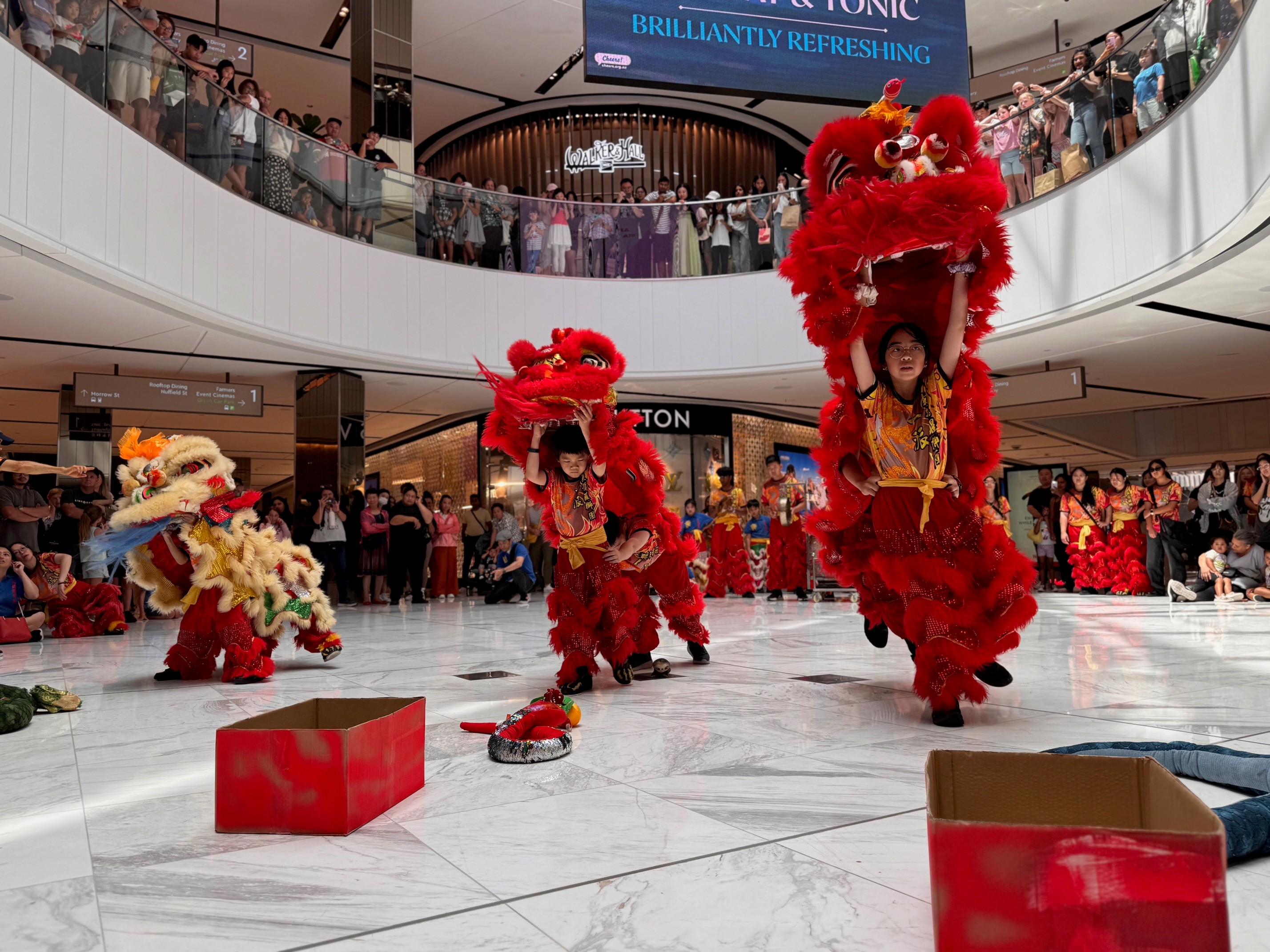 Three lion costumes with children holding up the head posed in the centre of a shopping centre