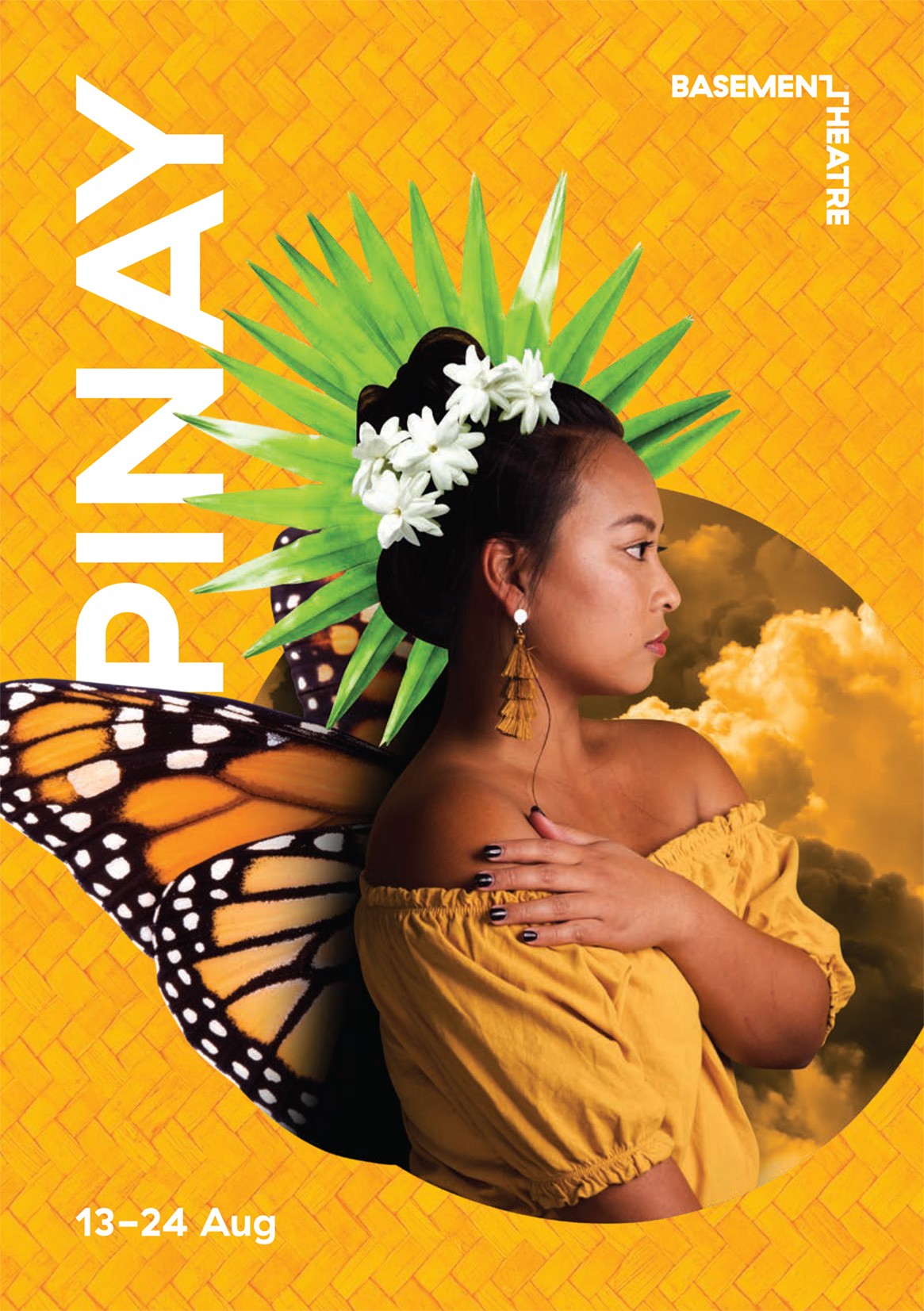 Brochure cover featuring a collage of a person with flowers in their hair and butterfly wings set on a yellow mat with the words 'PINAY'