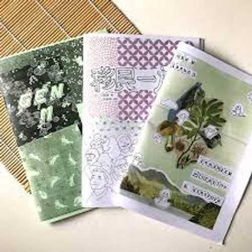 Three zines with colourful collaged covers fanned out on a table.