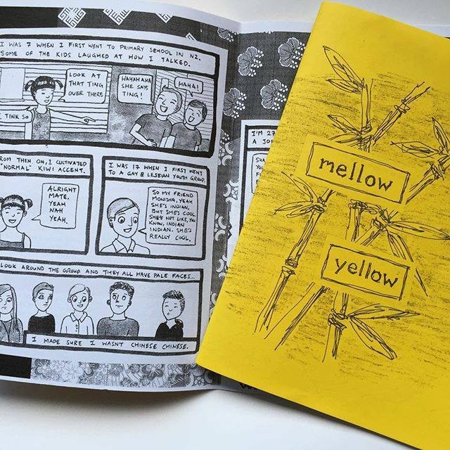 Image showcasing an inside comics spread and outside yellow cover of a zine. 