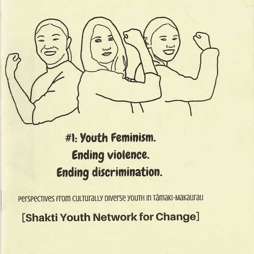 S.Y.N.C in block letters at the top with a line art illustration of three women doing a Rosie the Riveter pose and smiling together. Text below gives more details about the issue.