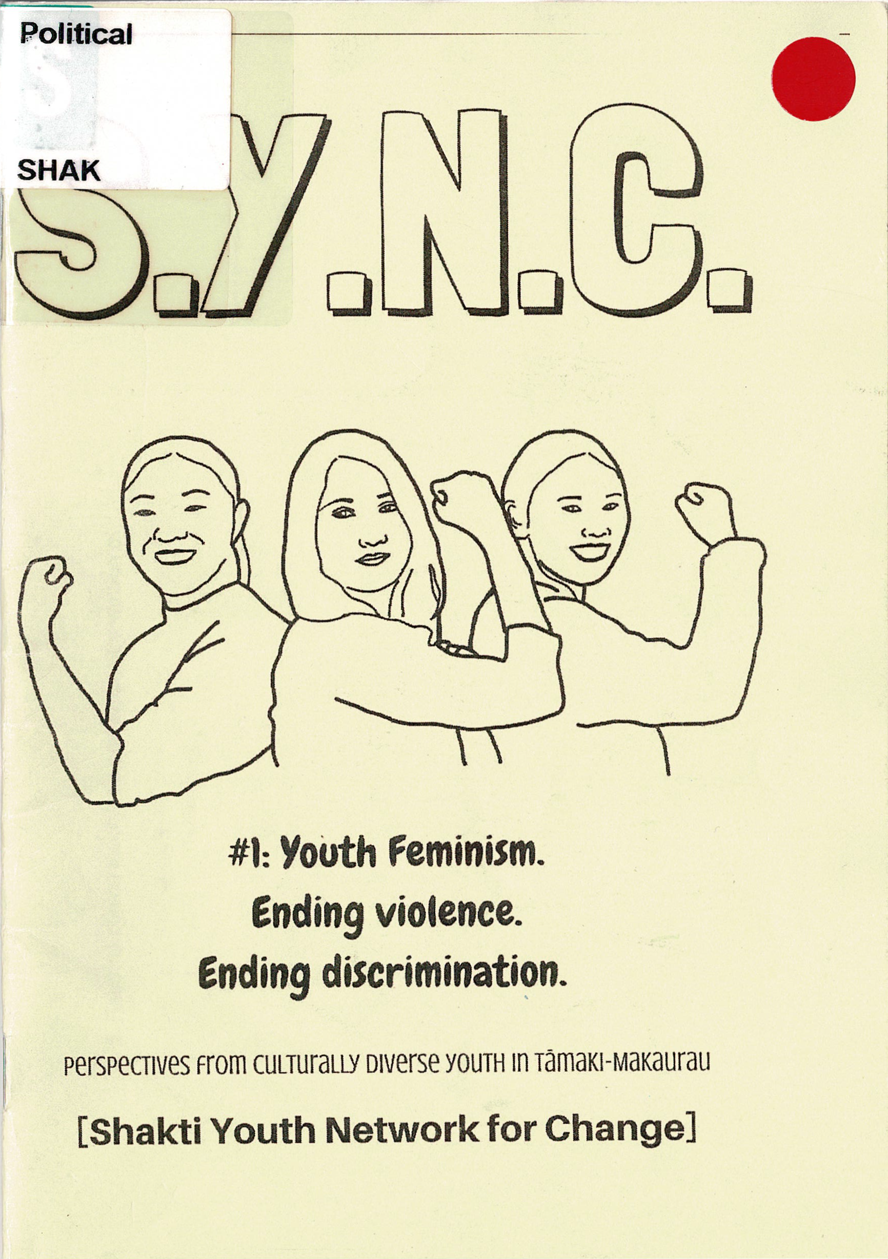 S.Y.N.C in block letters at the top with a line art illustration of three women doing a Rosie the Riveter pose and smiling together. Text below gives more details about the issue.