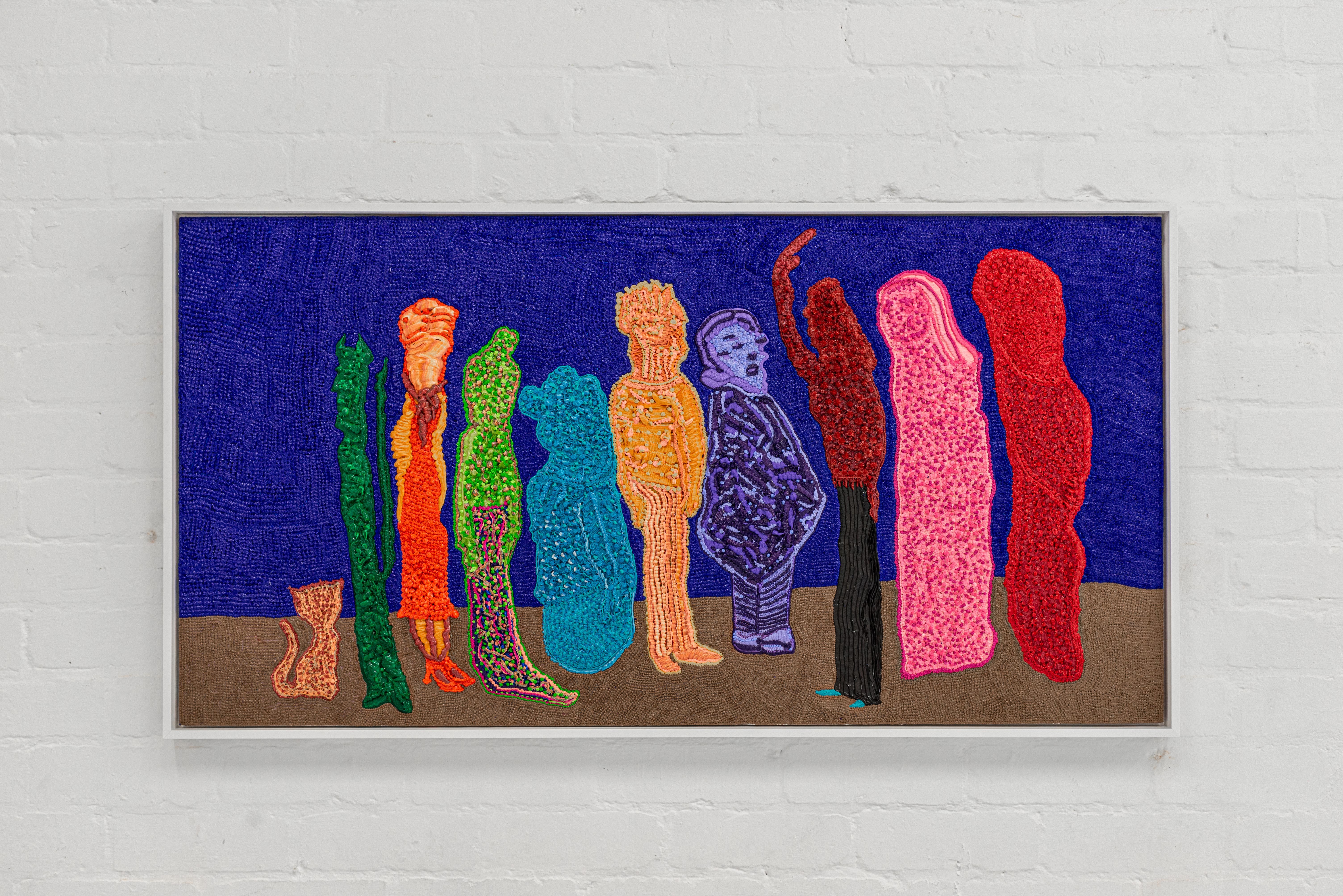 A photograph of a textured painting with a blue background and different coloured characters standing in a line on a brown surface.