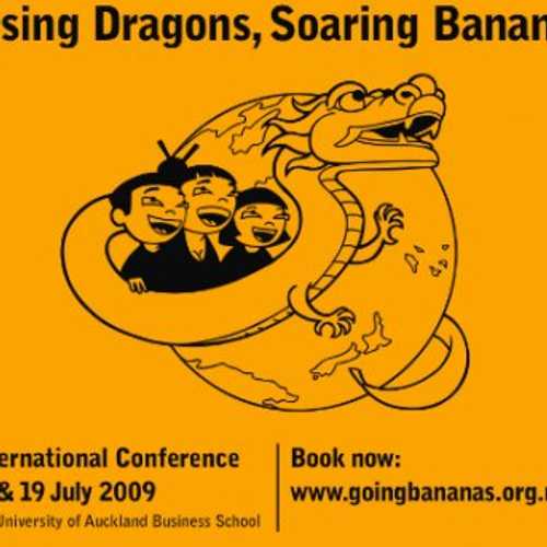 Golden yellow flyer with a line drawing of three Chinese kids riding a dragon around the world.